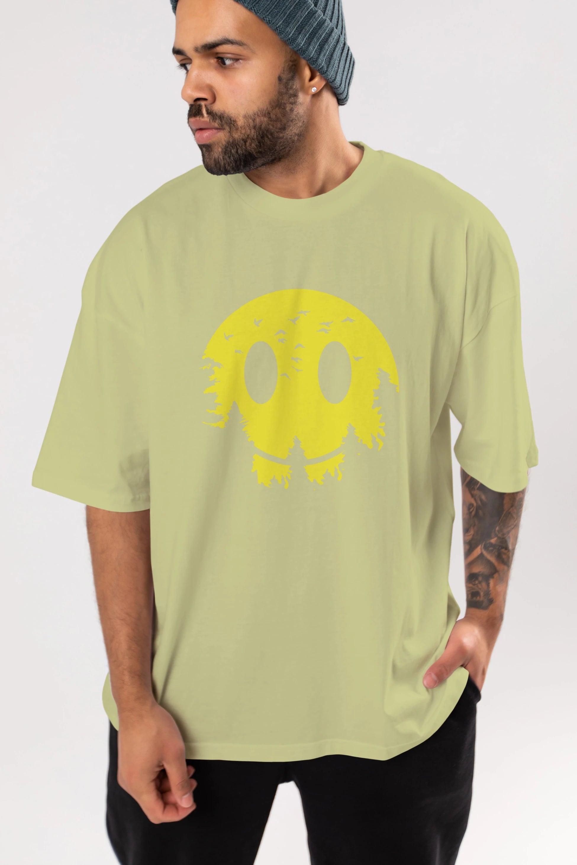 Smiley Moon Ön Baskılı Oversize t-shirt %100 pamuk Erkek Kadın Unisex