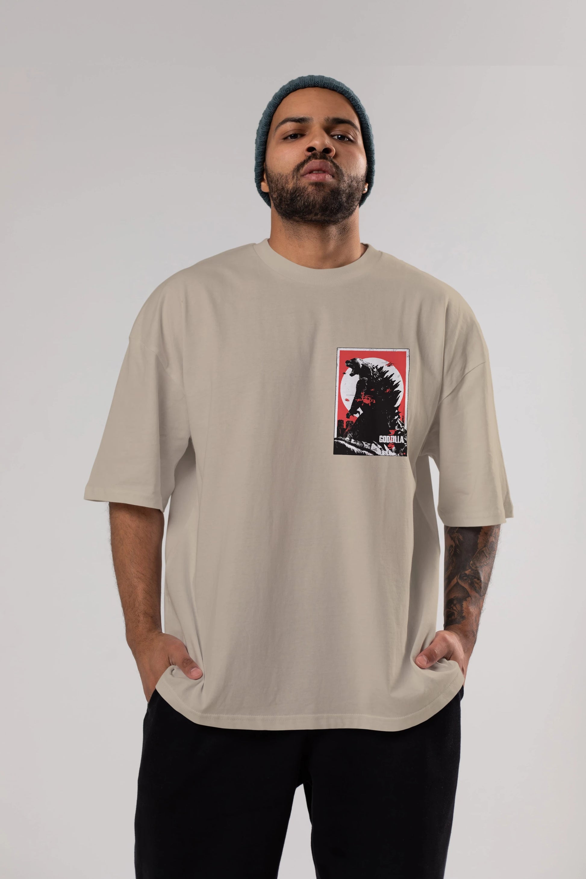 Godzilla (2) Ön Sol Baskılı Oversize t-shirt Erkek Kadın Unisex %100 Pamuk Bisiklet Yaka tişort