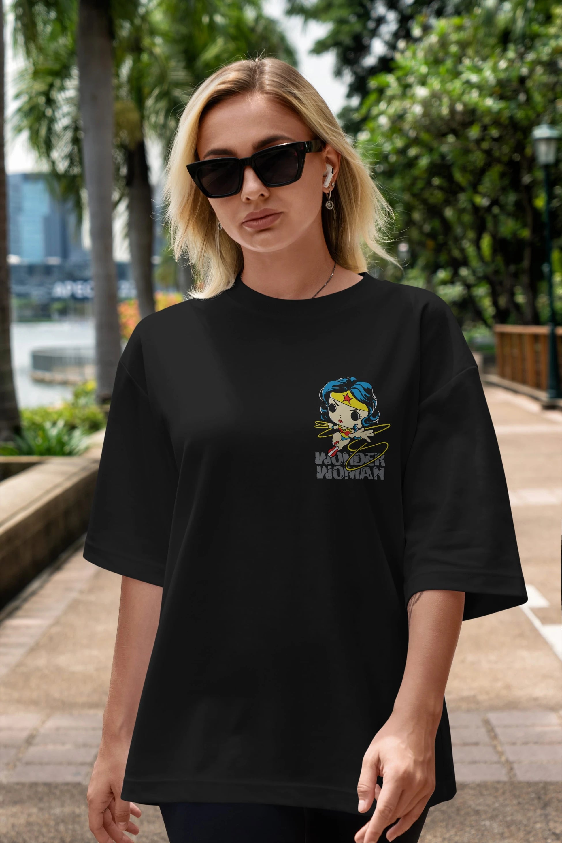 Wonder Woman Ön Sol Baskılı Oversize t-shirt Erkek Kadın Unisex %100 Pamuk Bisiklet Yaka tişort
