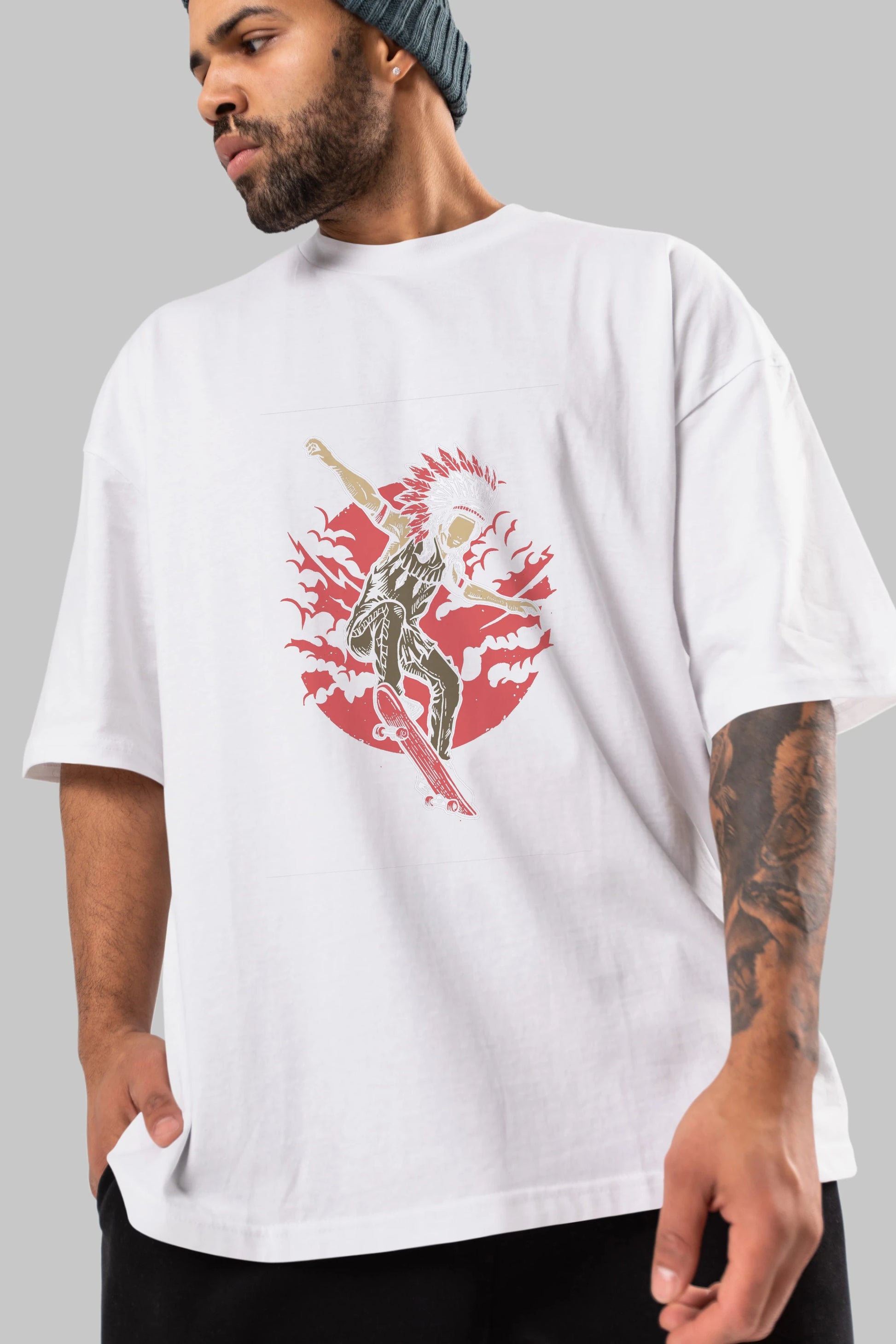 Indian Chief Skateboard Ön Baskılı Oversize t-shirt Erkek Kadın Unisex %100 Pamuk tişort