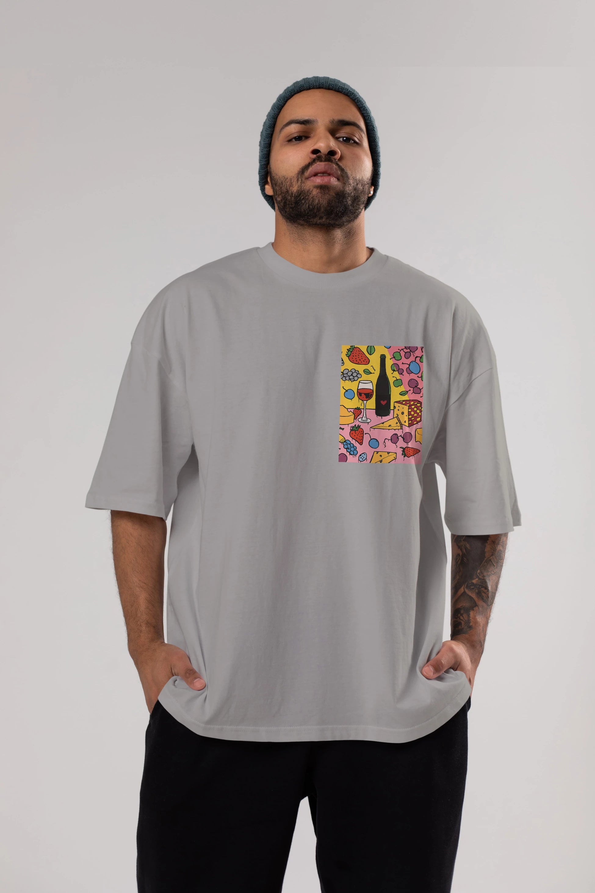 Wine Cheese Fruits Ön Sol Baskılı Oversize t-shirt Erkek Kadın Unisex %100 Pamuk Bisiklet Yaka tişort