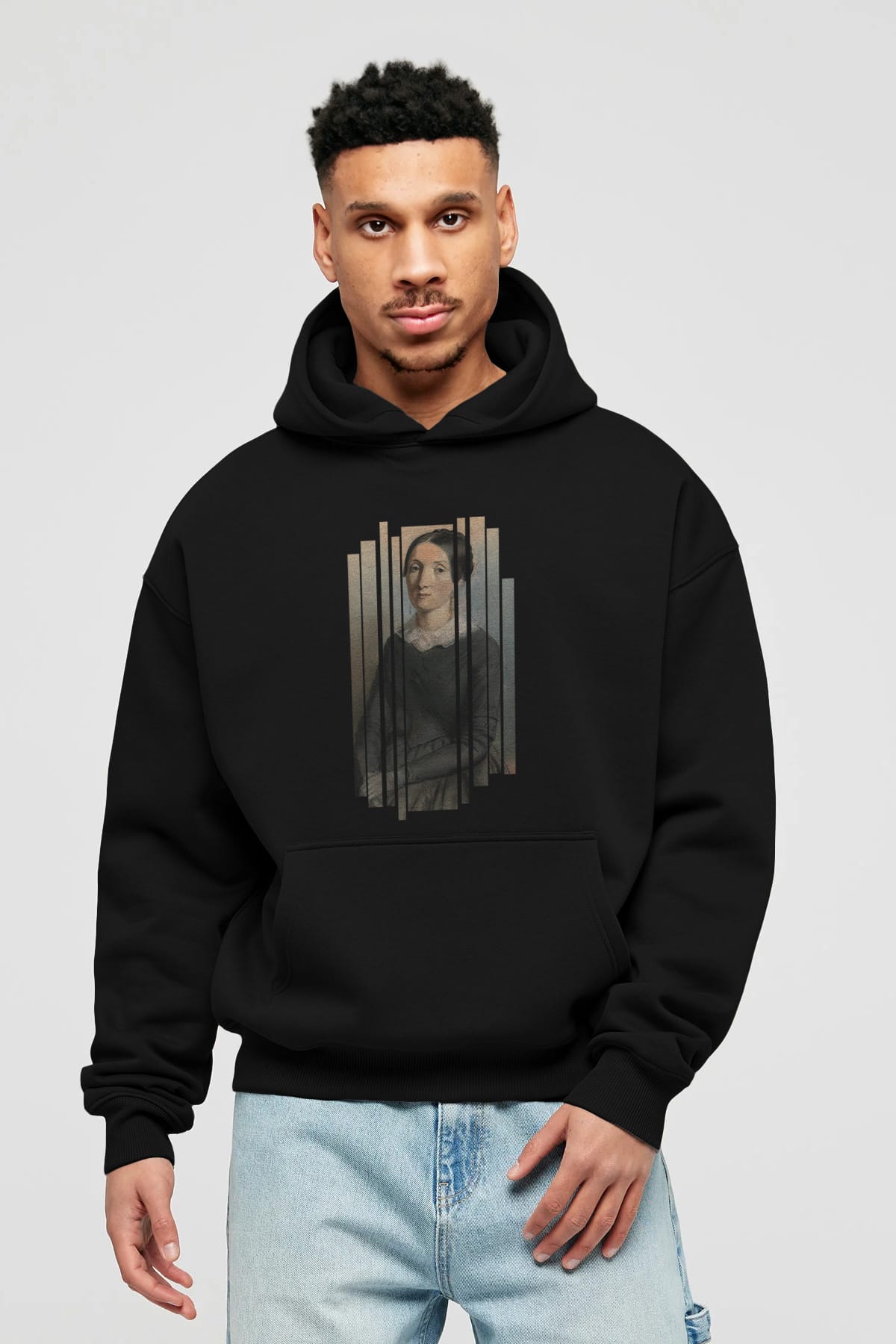 Retro Portre Ön Baskılı Oversize Hoodie Kapüşonlu Sweatshirt Erkek Kadın Unisex