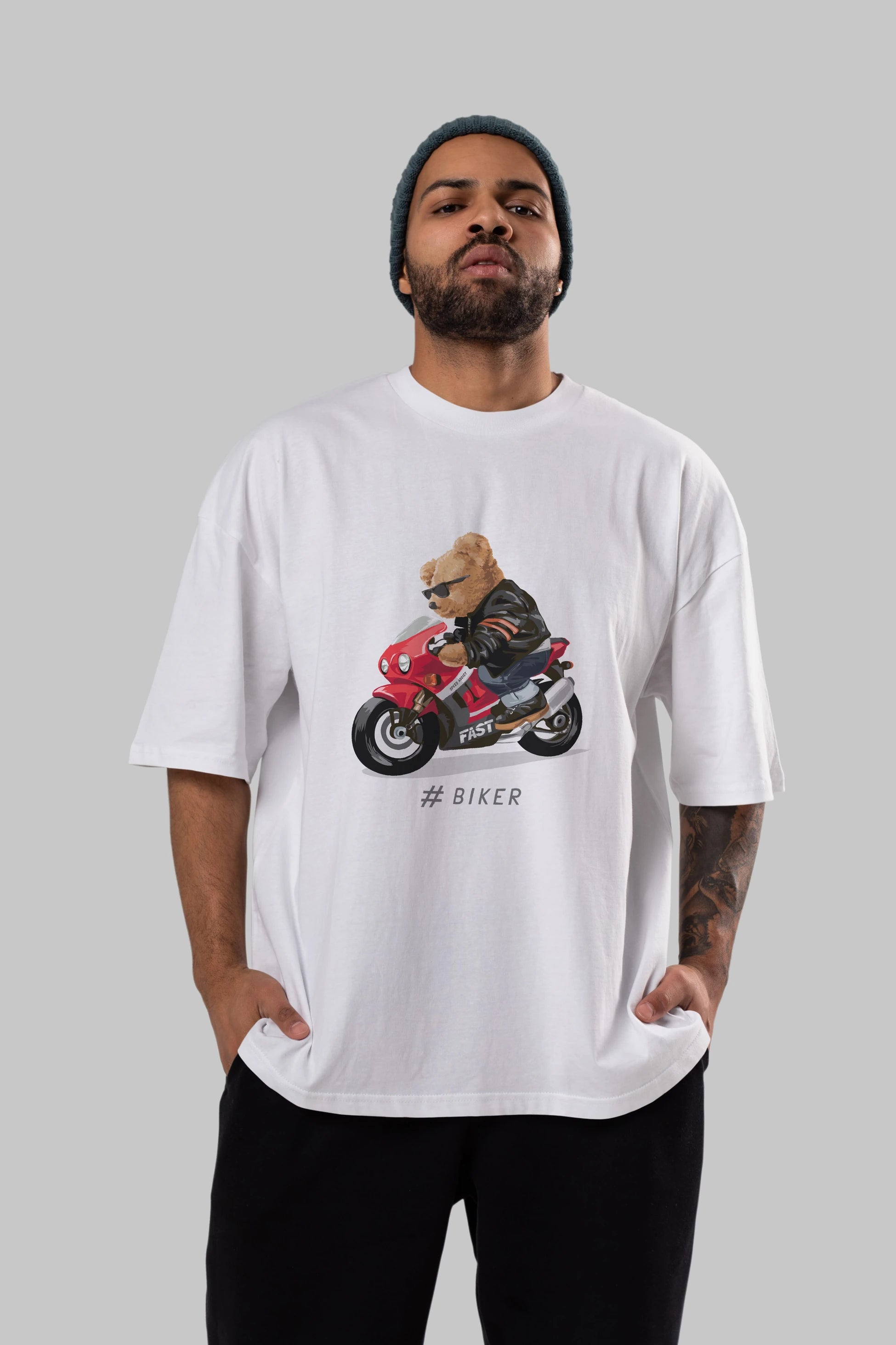Teddy Bear Biker Ön Baskılı Oversize t-shirt Erkek Kadın Unisex %100 Pamuk
