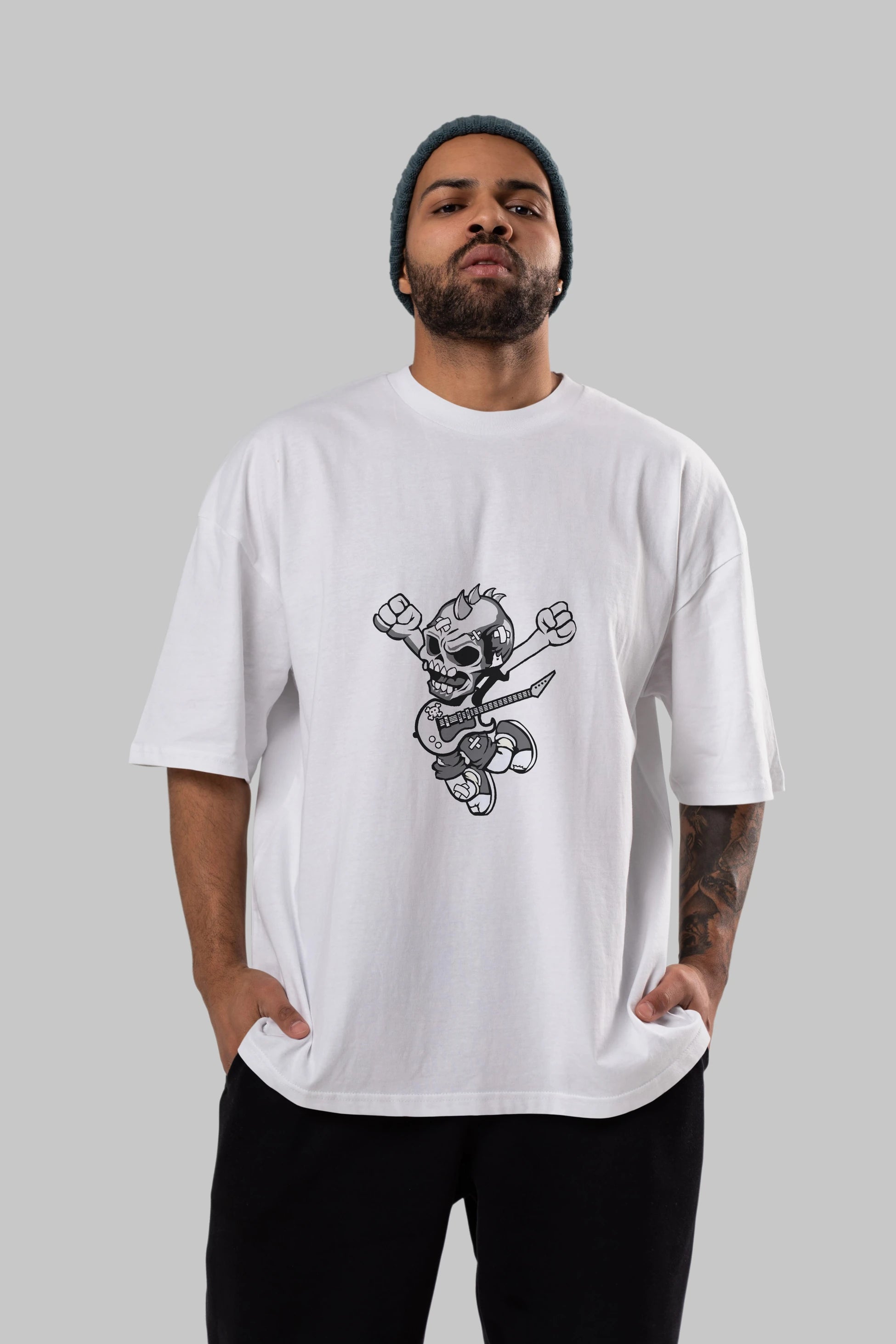 Punk Rocker Metal Guitar Ön Baskılı Oversize t-shirt Erkek Kadın Unisex %100 Pamuk tişort