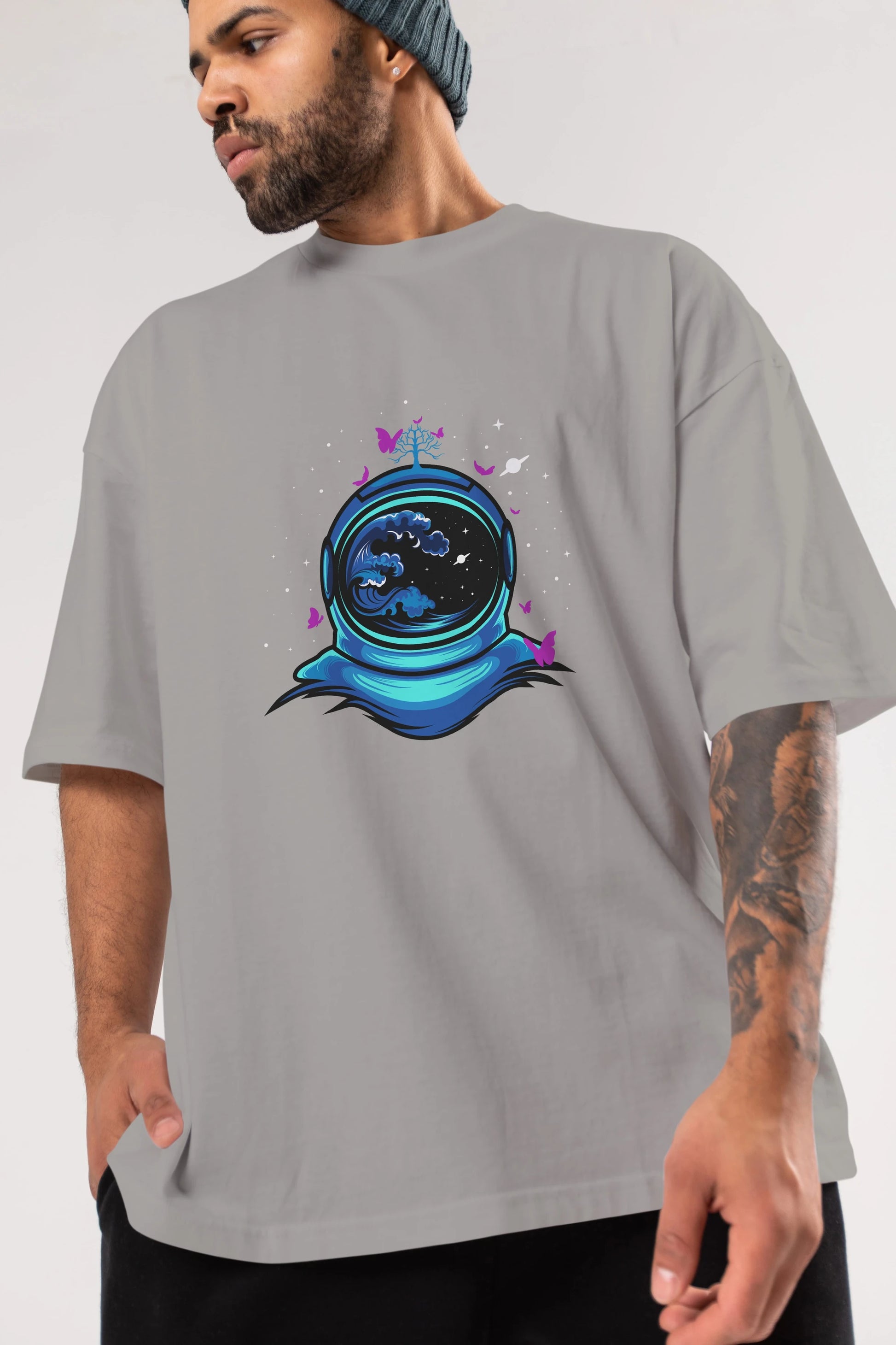 Astronaut and Butterfly Ön Baskılı Oversize t-shirt Erkek Kadın Unisex