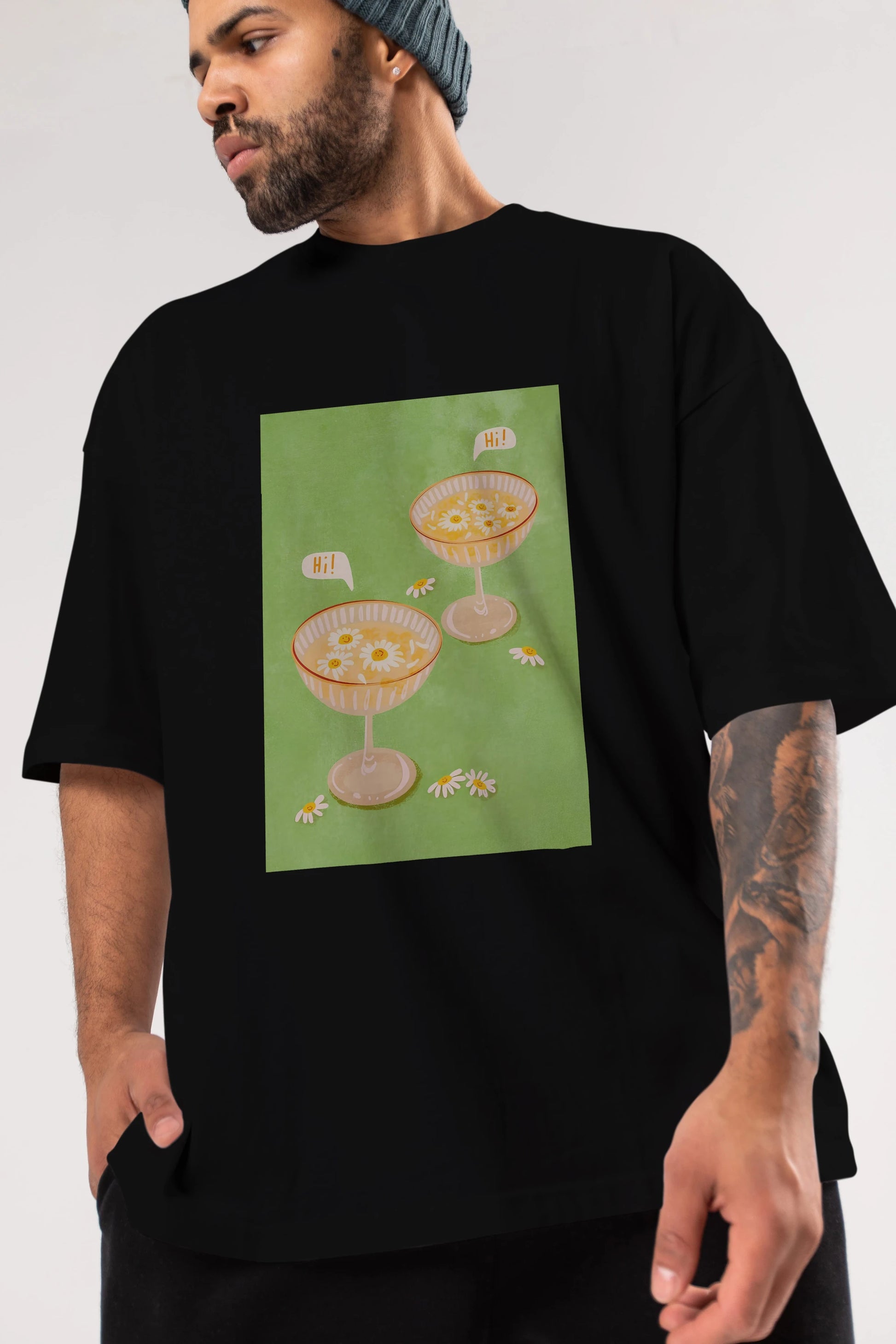 Hi Cheers Ön Baskılı Oversize t-shirt Erkek Kadın Unisex %100 Pamuk Bisiklet Yaka tişort