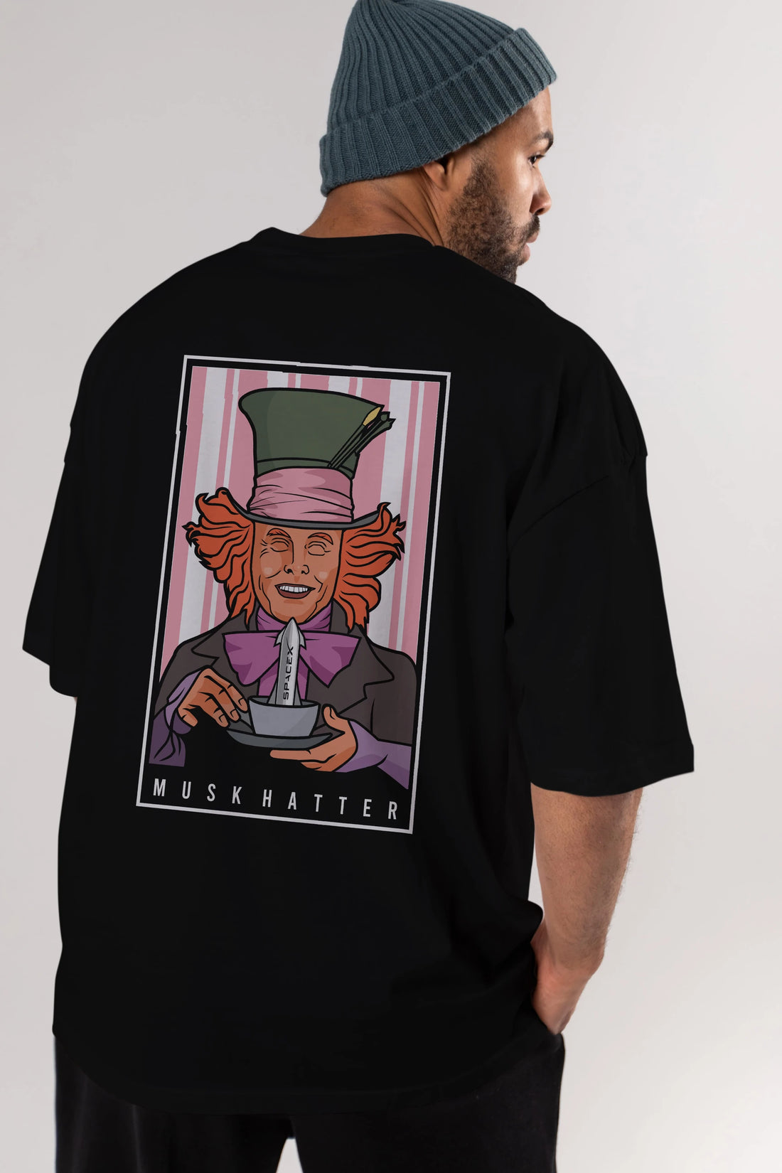 Mad Hatter Elon Musk Arka Baskılı Oversize t-shirt Erkek Kadın Unisex %100 Pamuk tişort