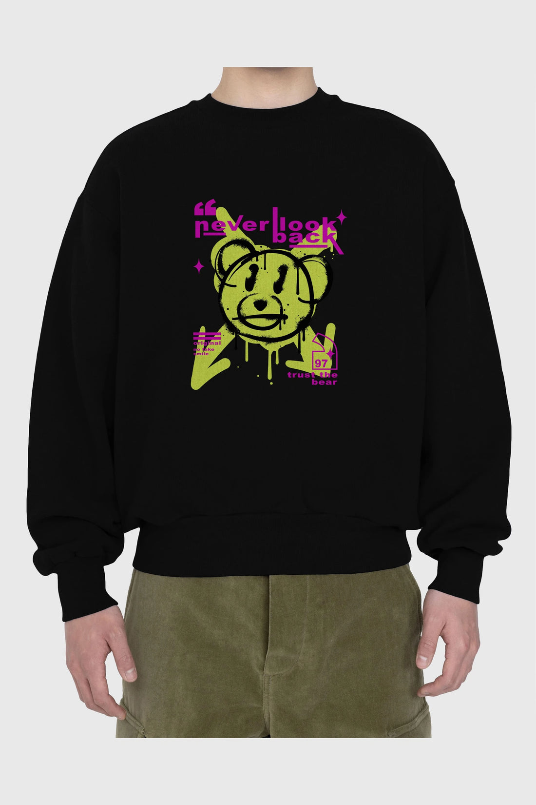 Never Look Back Bear Ön Baskılı Oversize Sweatshirt Erkek Kadın Unisex