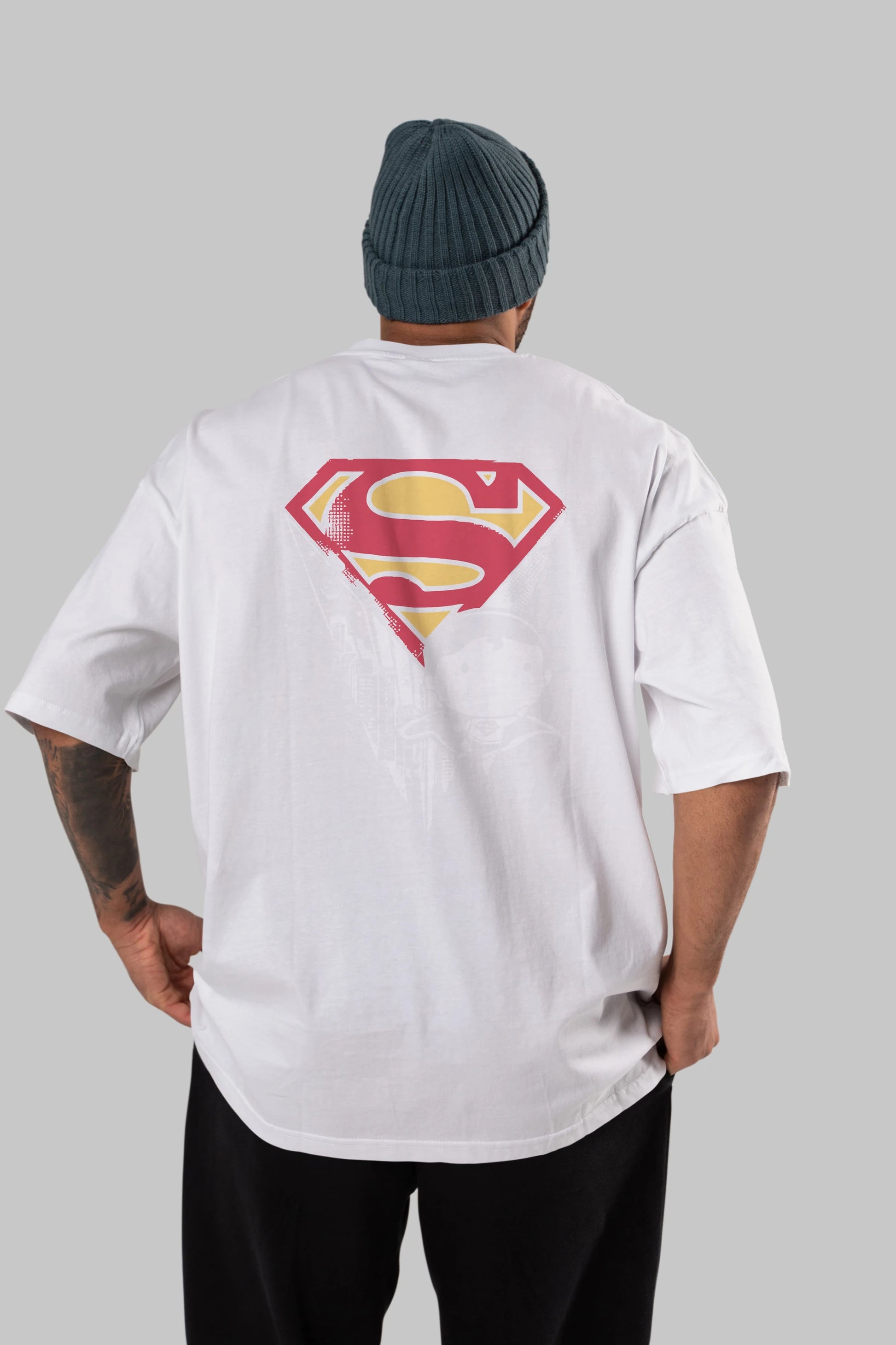 Superman Arka Baskılı Oversize t-shirt Erkek Kadın Unisex %100 Pamuk Bisiklet Yaka tişort