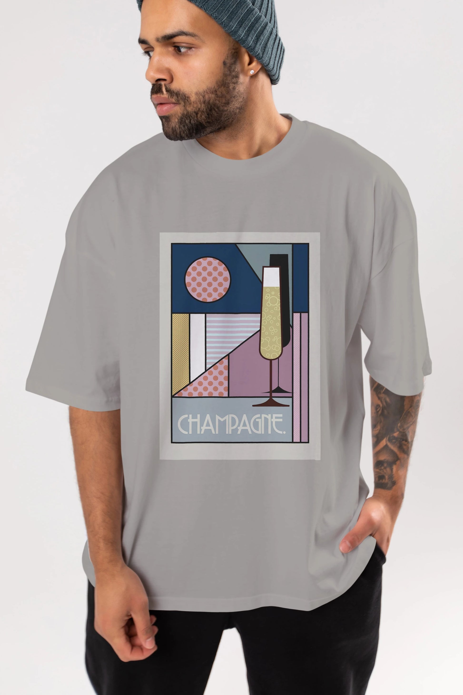 Champagne Ön Baskılı Oversize t-shirt Erkek Kadın Unisex %100 Pamuk Bisiklet Yaka tişort