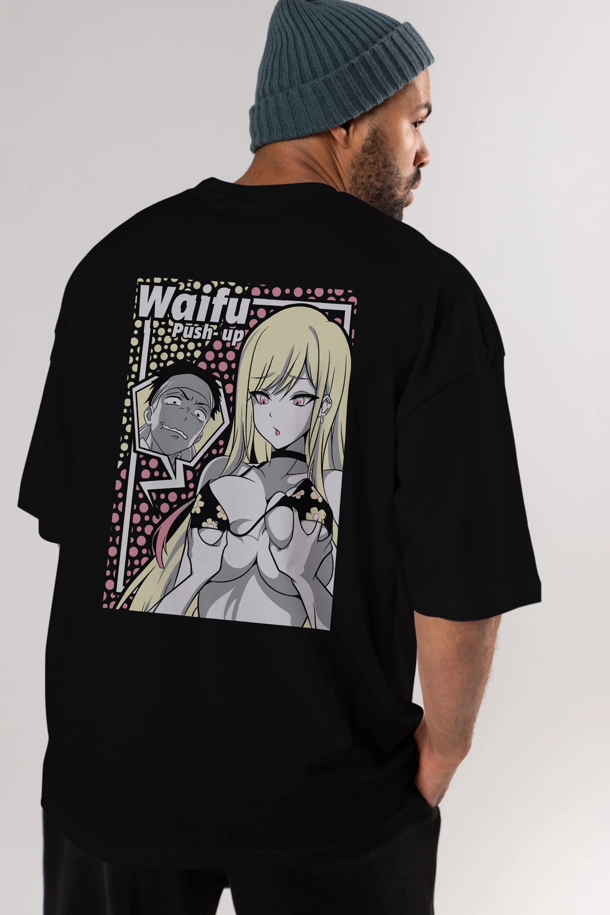 Waifu PushUp Anime Arka Baskılı Oversize t-shirt Erkek Kadın Unisex