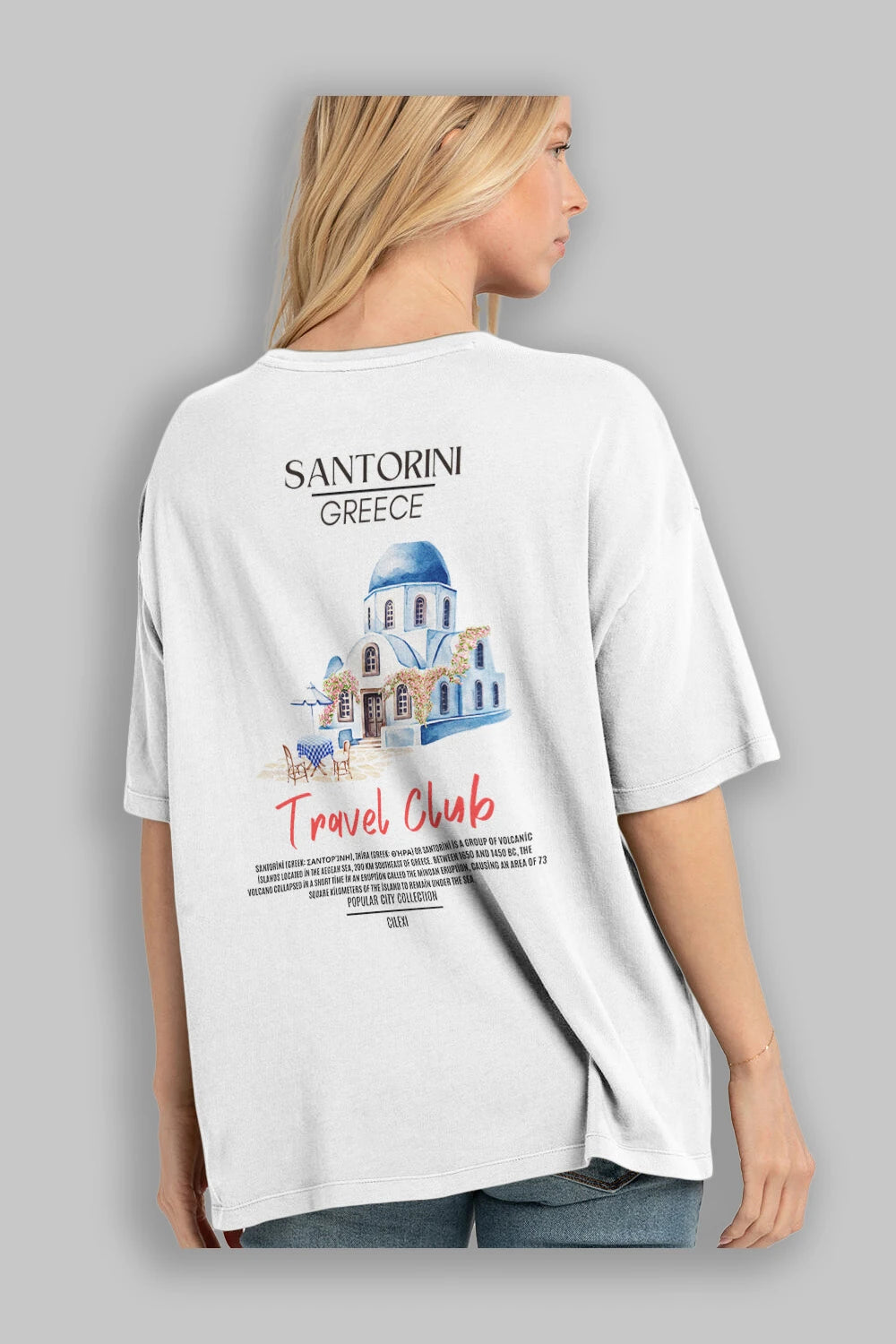 Santorini Greece Arka Baskılı Oversize t-shirt Erkek Kadın Pamuk Bisiklet Yaka tişort