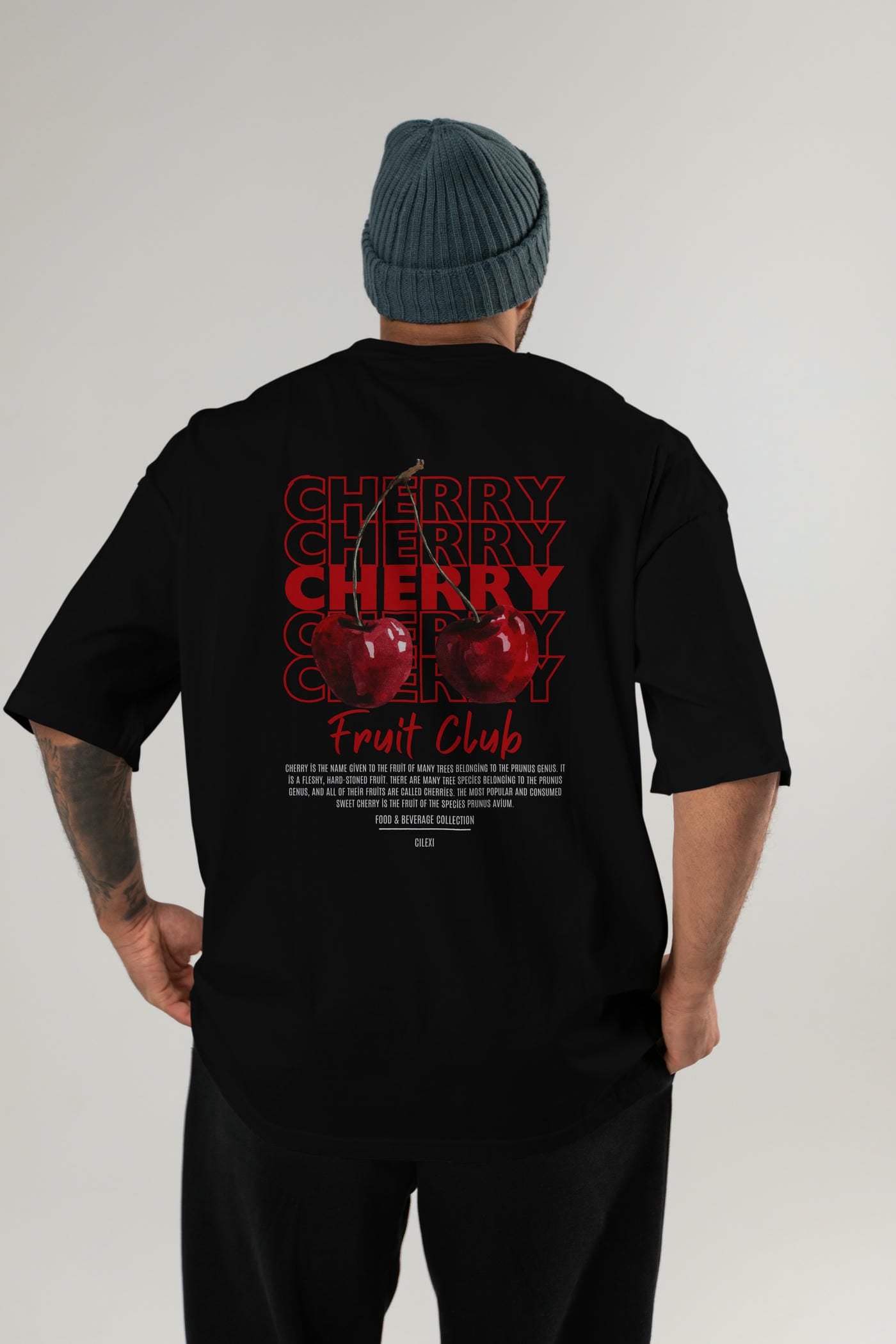 Cherry Arka Baskılı Oversize t-shirt Erkek Kadın Pamuk Bisiklet Yaka tişort