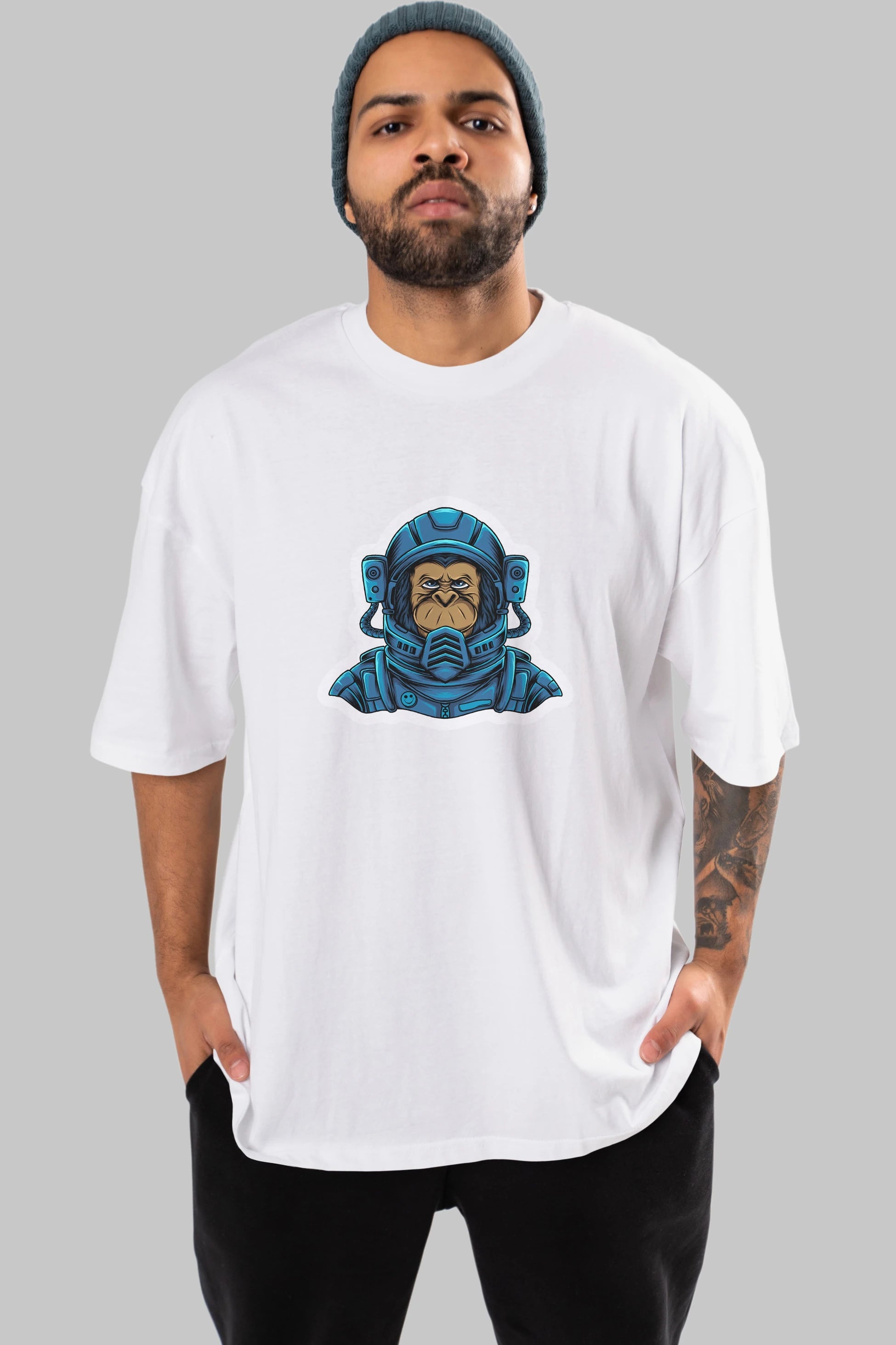 Astromonkey Sticker Ön Baskılı Oversize t-shirt Erkek Kadın Unisex
