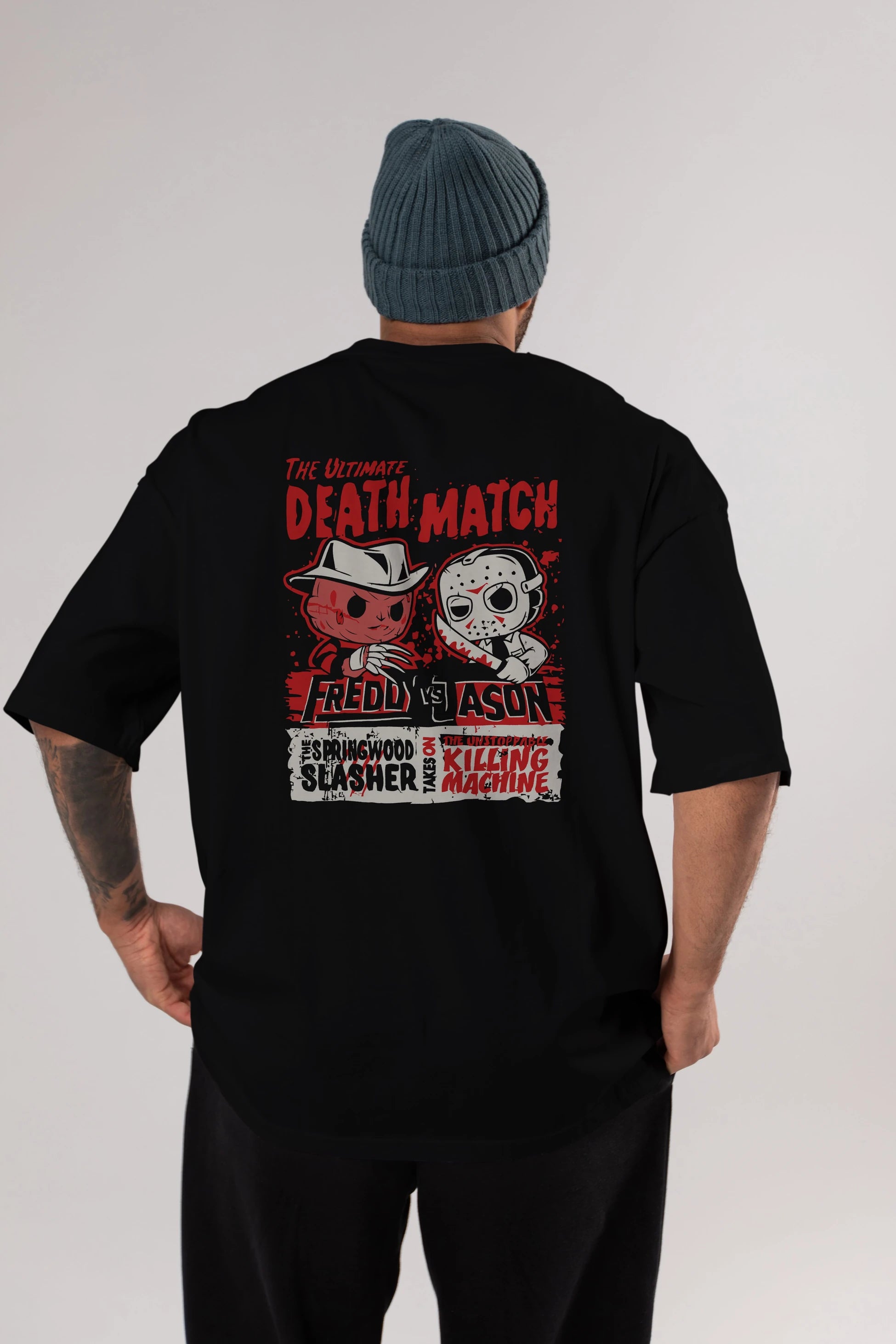 Freddy vs Jason Arka Baskılı Oversize t-shirt Erkek Kadın Unisex %100 Pamuk Bisiklet Yaka tişort