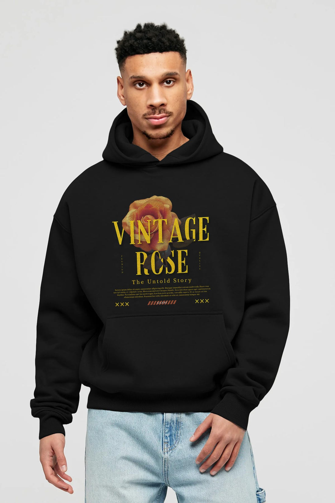 Vintage Rose Yazılı Ön Baskılı Oversize Hoodie Kapüşonlu Sweatshirt Erkek Kadın Unisex