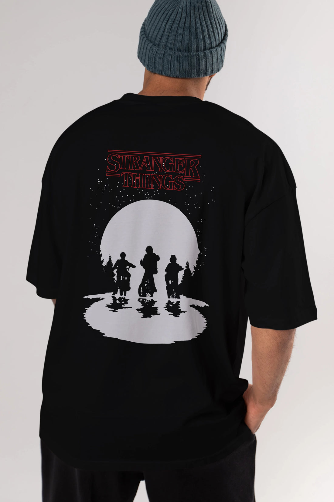Stranger Things Arka Baskılı Oversize t-shirt Erkek Kadın Unisex %100 Pamuk Bisiklet Yaka tişort