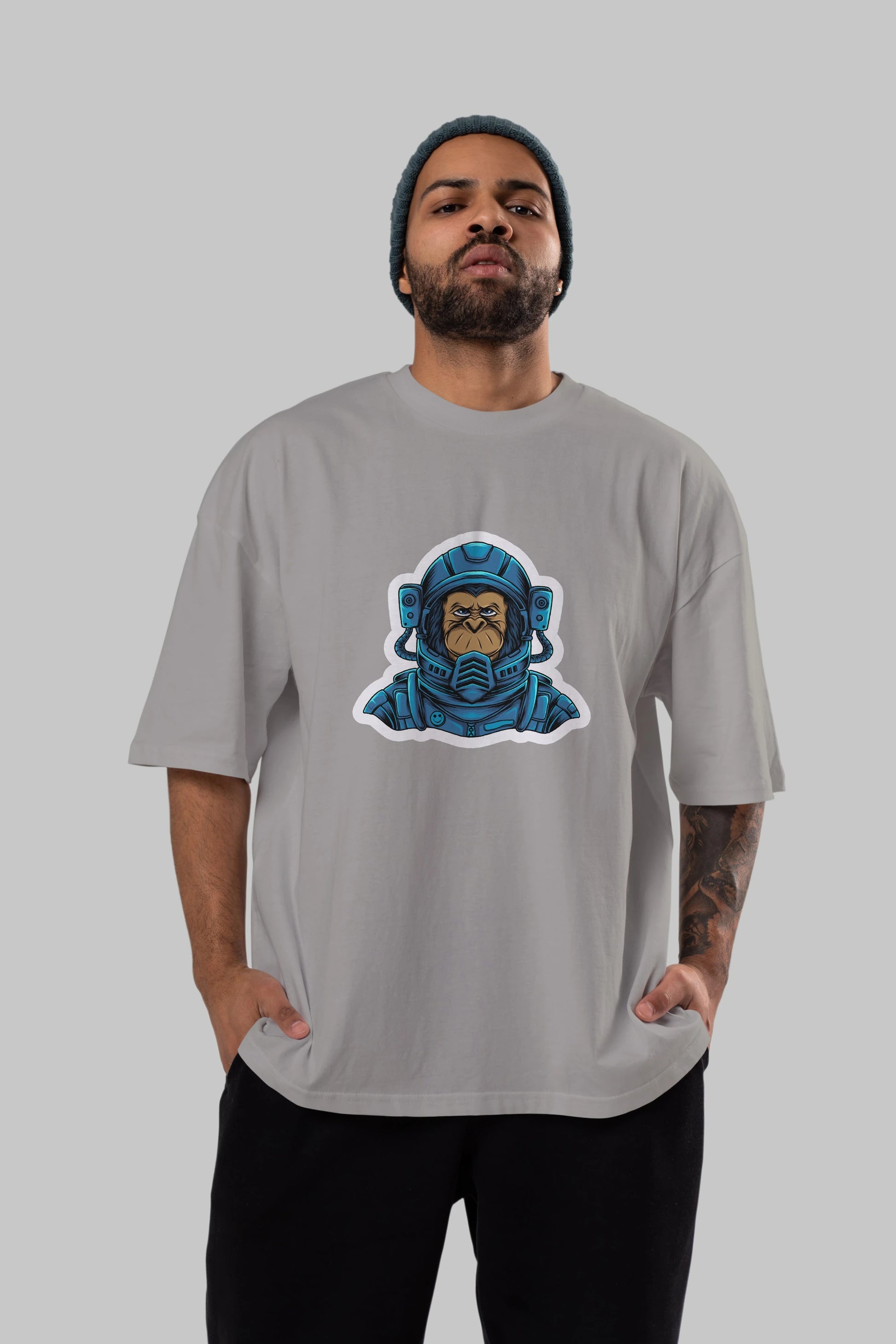 Astromonkey Sticker Ön Baskılı Oversize t-shirt Erkek Kadın Unisex