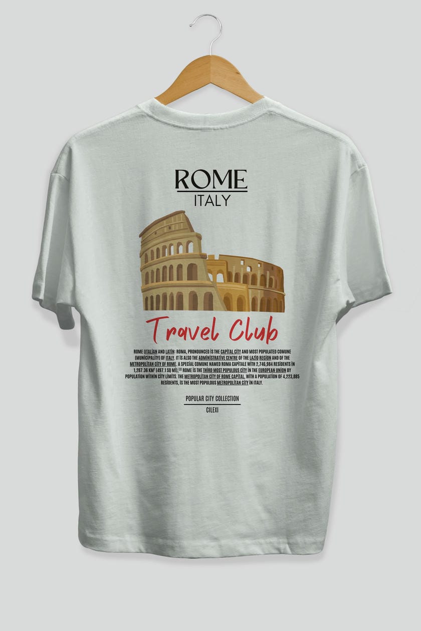 Roma İtaly Arka Baskılı Oversize t-shirt Erkek Kadın Pamuk Bisiklet Yaka tişort