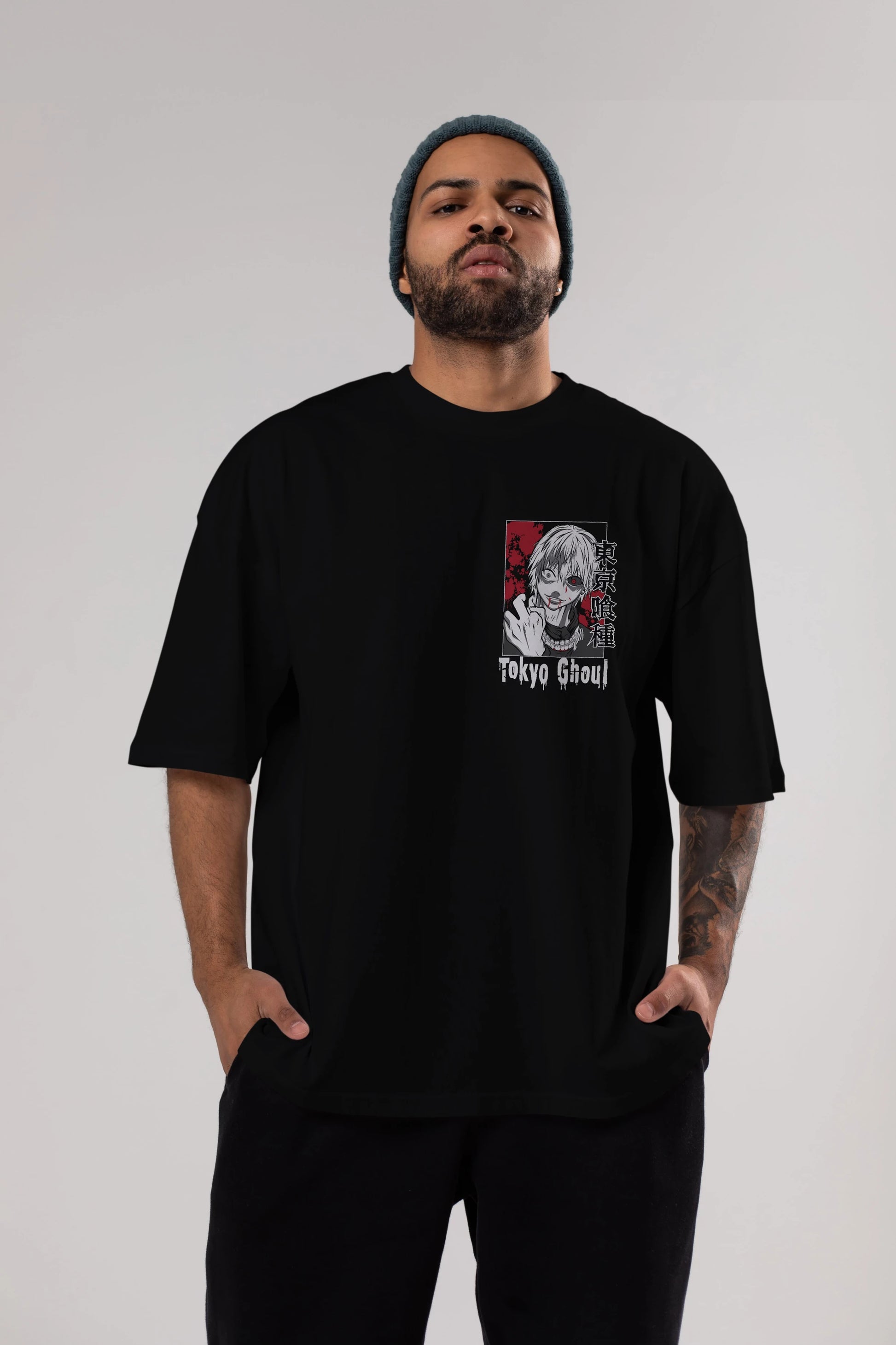 Kaneki Ken TOKYO GHOUL Ön Sol Baskılı Oversize t-shirt Erkek Kadın Unisex %100 Pamuk Bisiklet Yaka tişort