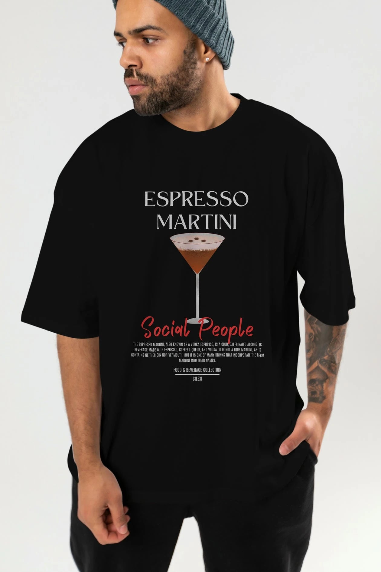 Espresso Martını Kokteyl Serisi ön Baskılı Oversize t-shirt Erkek Kadın %100 Pamuk Bisiklet Yaka tişort
