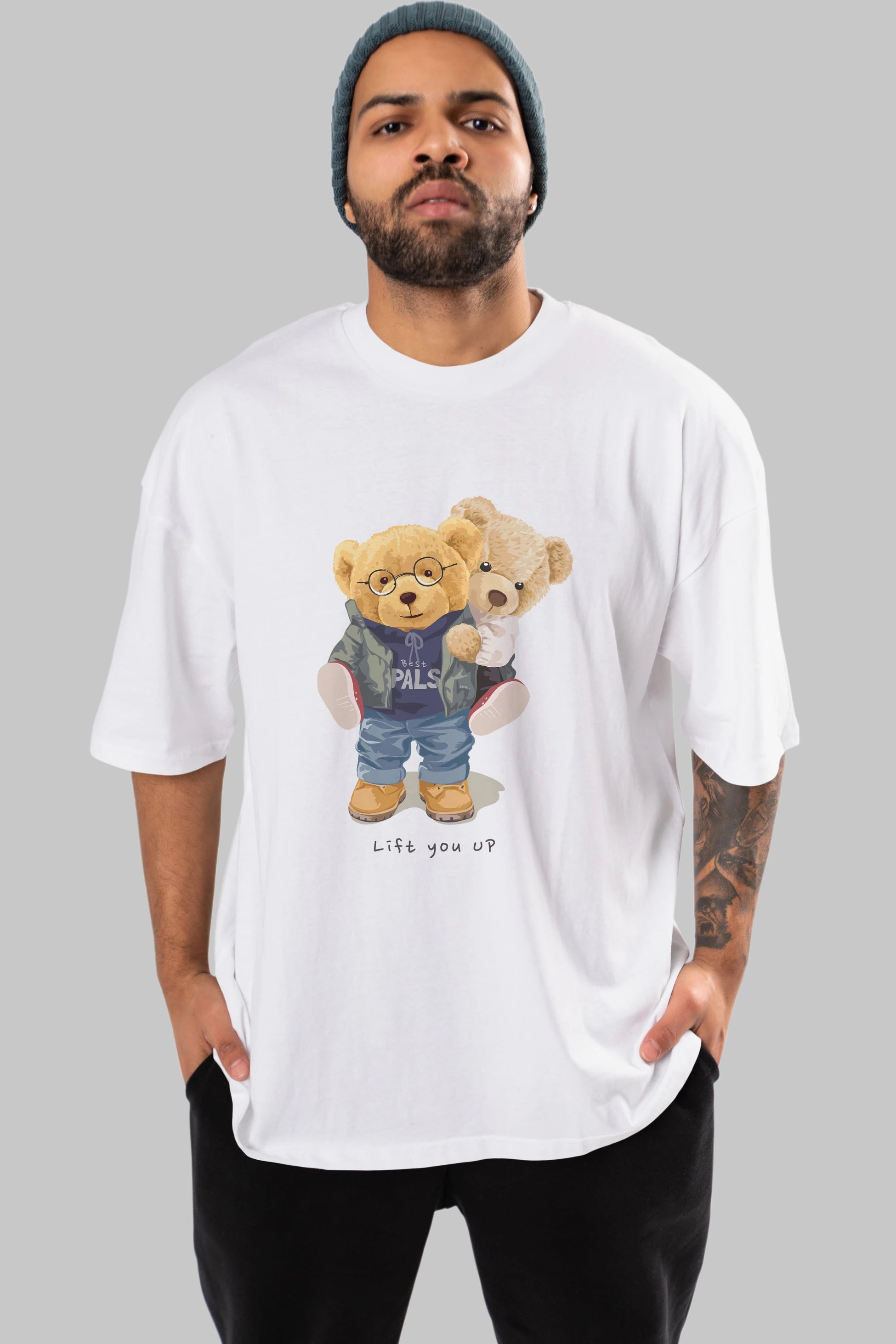 Teddy Bear Lift You Up Ön Baskılı Oversize t-shirt Erkek Kadın Unisex %100 Pamuk