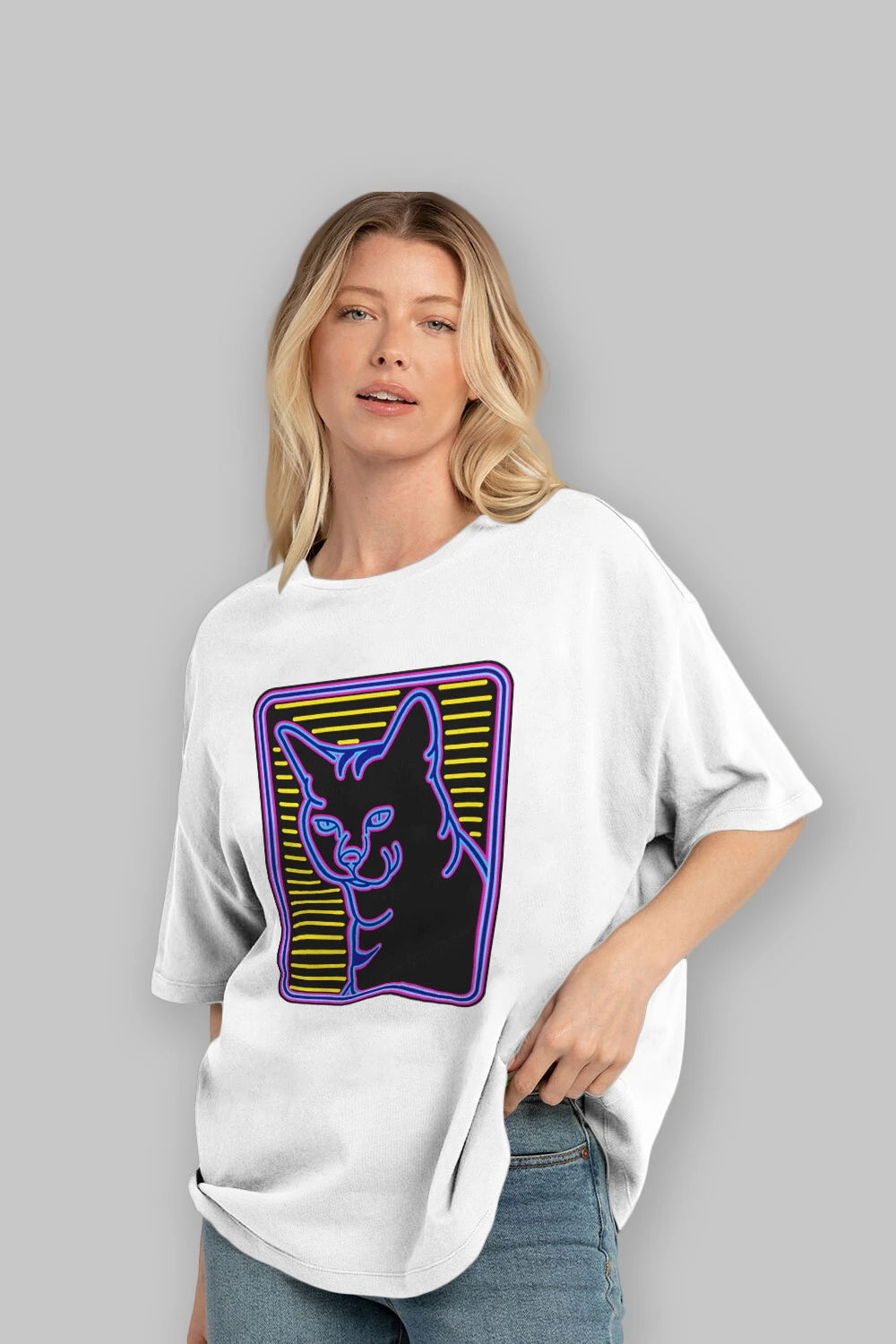 Neon Cat Ön Baskılı Oversize t-shirt Erkek Kadın Unisex