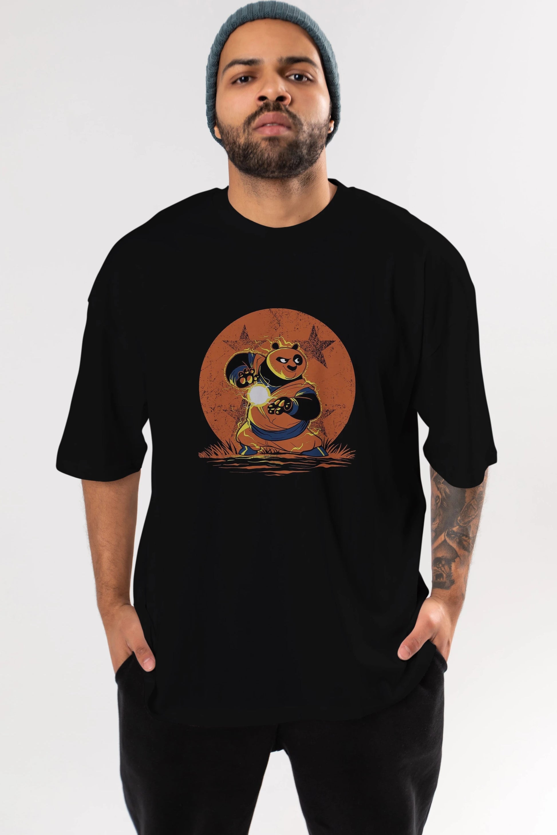 Kung Fu Panda Ön Baskılı Oversize t-shirt Erkek Kadın Unisex %100 Pamuk Bisiklet Yaka tişort