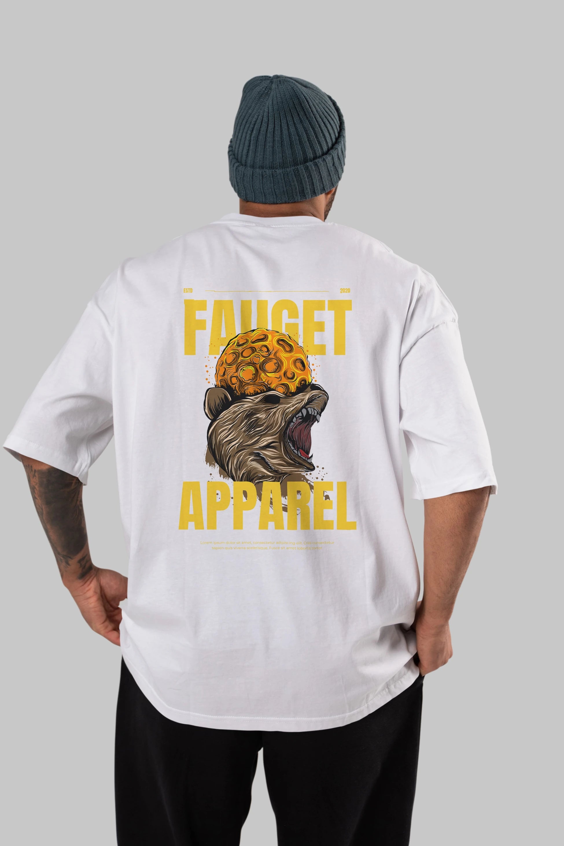 Bear Angry Fauget Apparel Arka Baskılı Oversize t-shirt Erkek Kadın Unisex