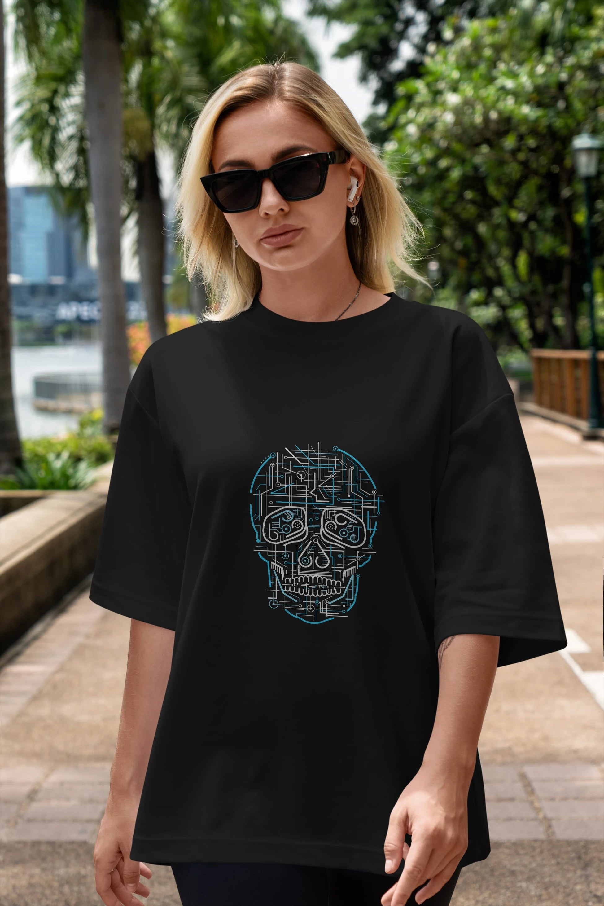 Electric Skull Ön Baskılı Oversize t-shirt %100 pamuk Erkek Kadın Unisex