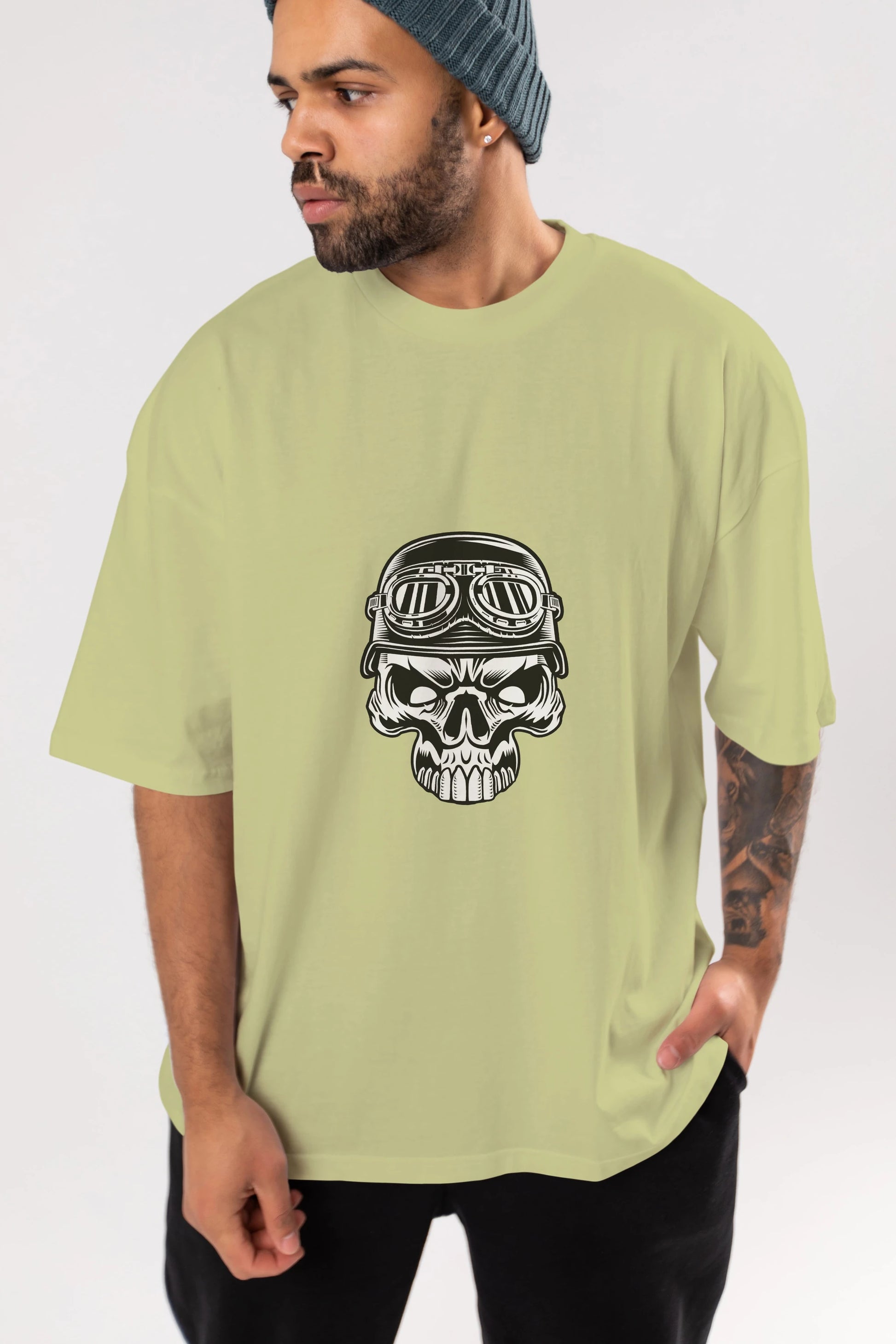 Biker Skull Helmet Ön Baskılı Oversize t-shirt Erkek Kadın Unisex %100 Pamuk tişort