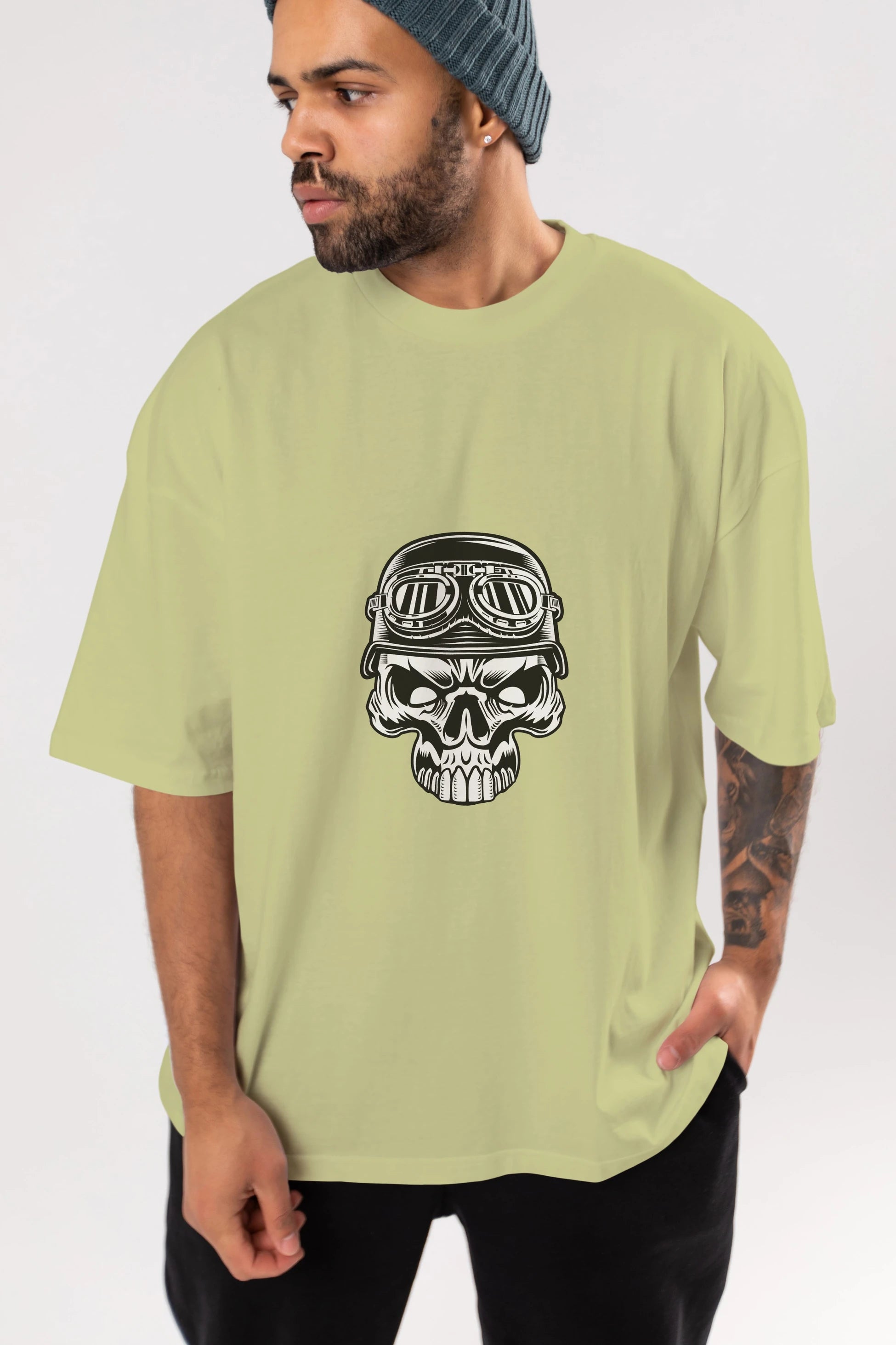 Biker Skull Helmet Ön Baskılı Oversize t-shirt Erkek Kadın Unisex %100 Pamuk tişort