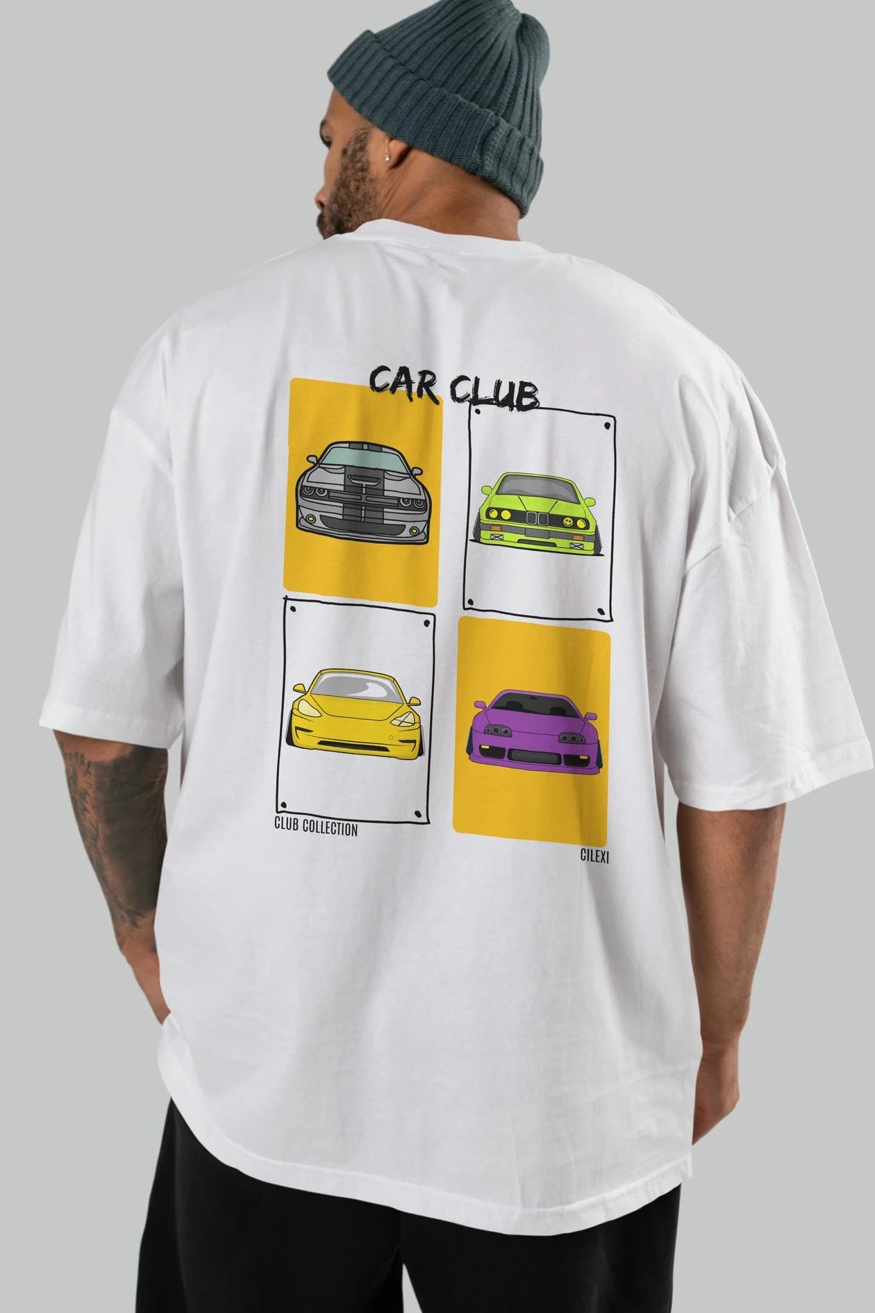 Car Club Arka Baskılı Oversize t-shirt Erkek Kadın %100 Pamuk Bisiklet Yaka tişort