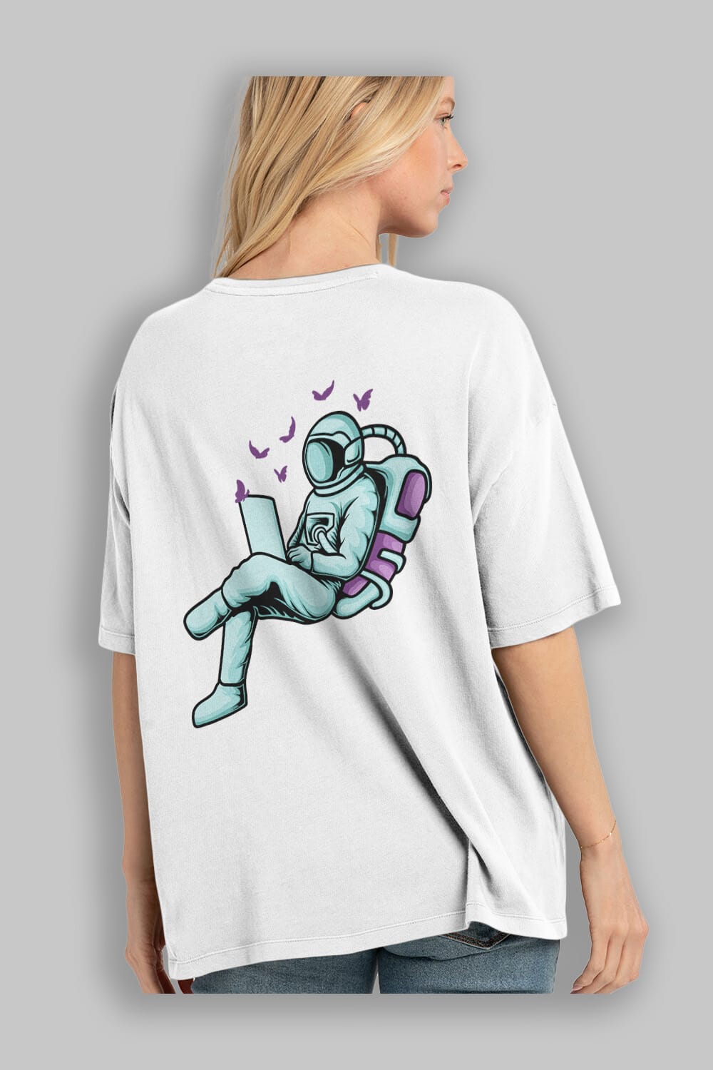 Work with Butterflies in Space Arka Baskılı Oversize t-shirt Erkek Kadın Unisex