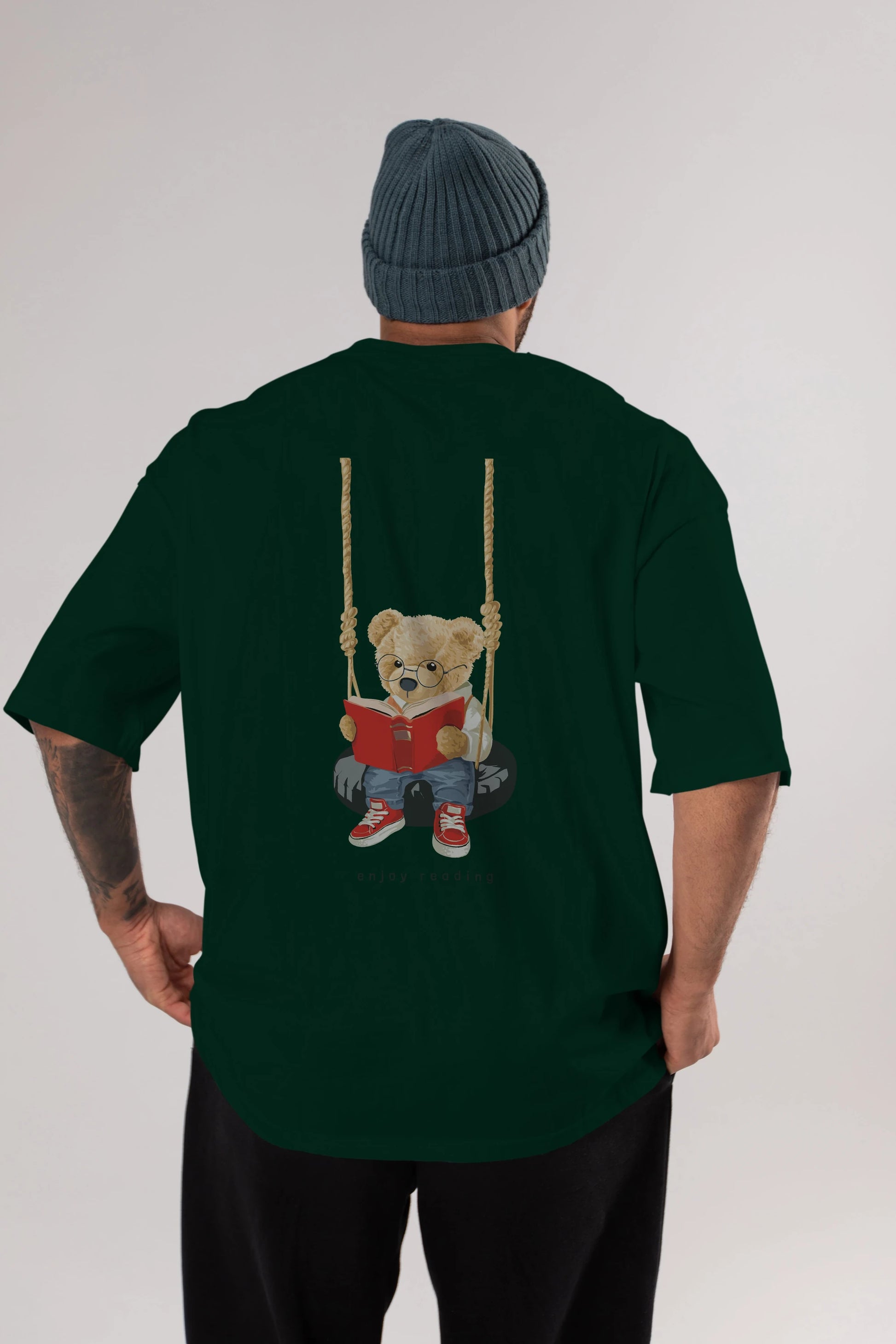 Teddy Bear Enjoy Reading Arka Baskılı Oversize t-shirt Erkek Kadın Unisex %100 Pamuk
