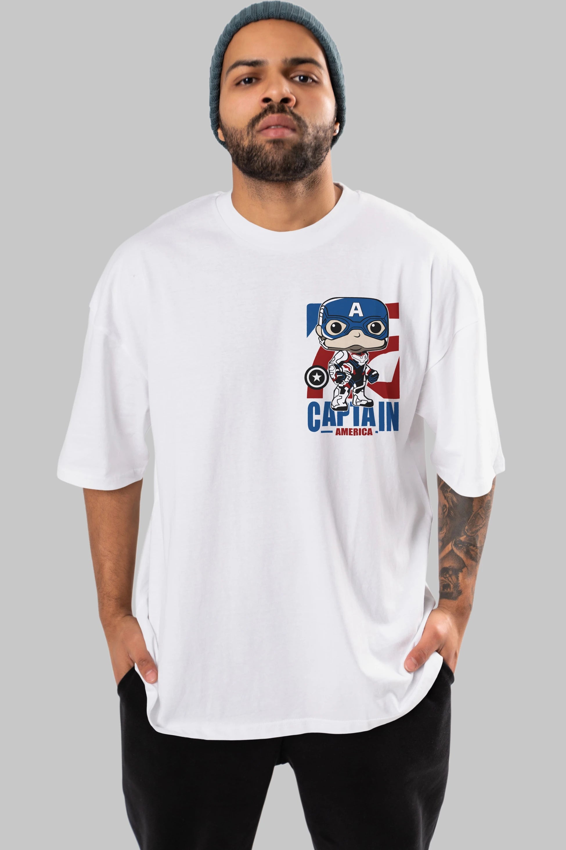 Captain America Ön Sol Baskılı Oversize t-shirt Erkek Kadın Unisex %100 Pamuk Bisiklet Yaka tişort