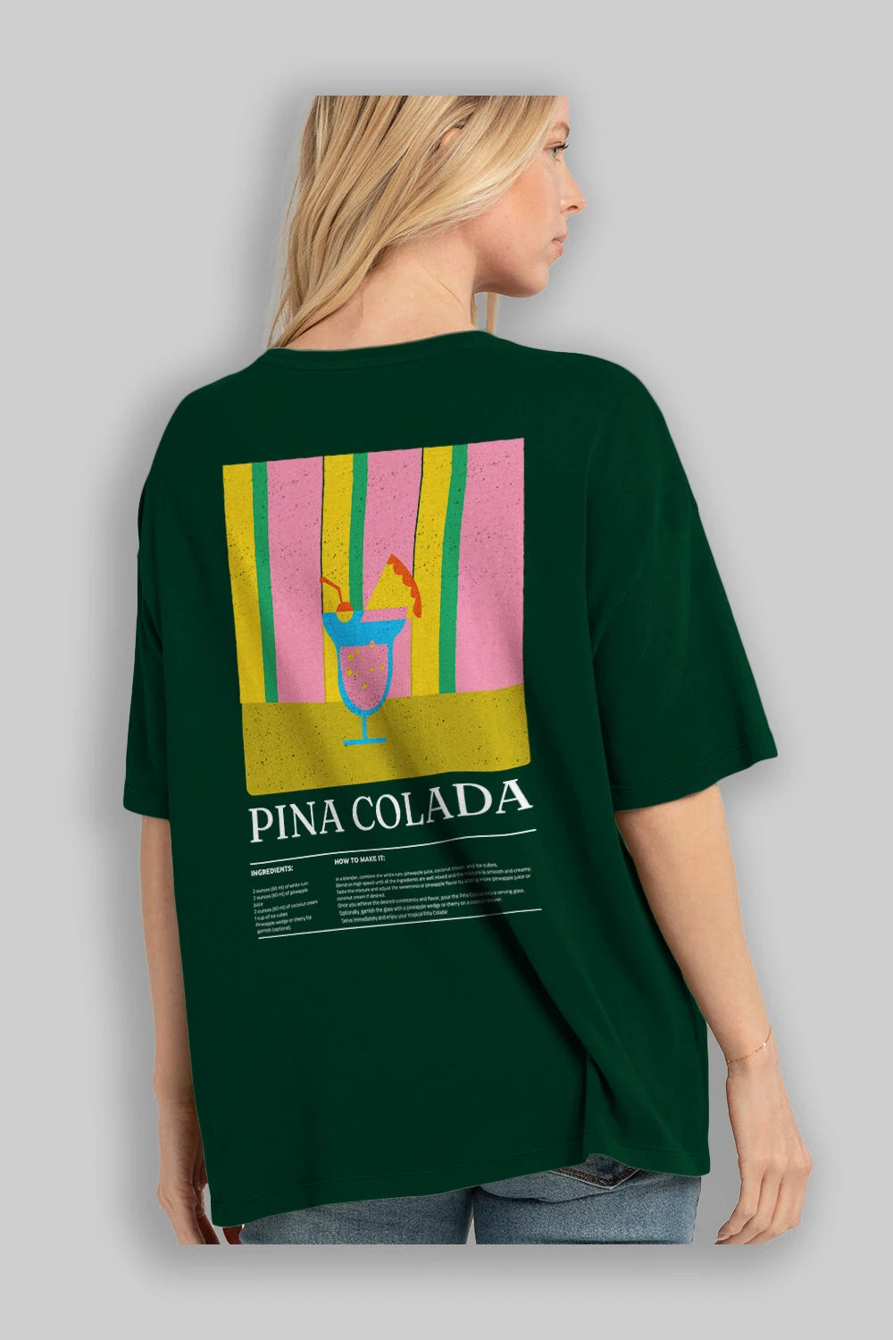 Pina Colada Kokteyl Serisi Arka Baskılı Oversize t-shirt Erkek Kadın %100 Pamuk Bisiklet Yaka tişort