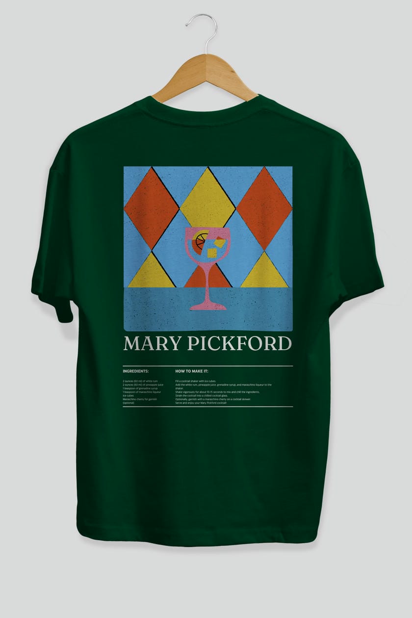 Mary Pickford Kokteyl Serisi Arka Baskılı Oversize t-shirt Erkek Kadın %100 Pamuk Bisiklet Yaka tişort