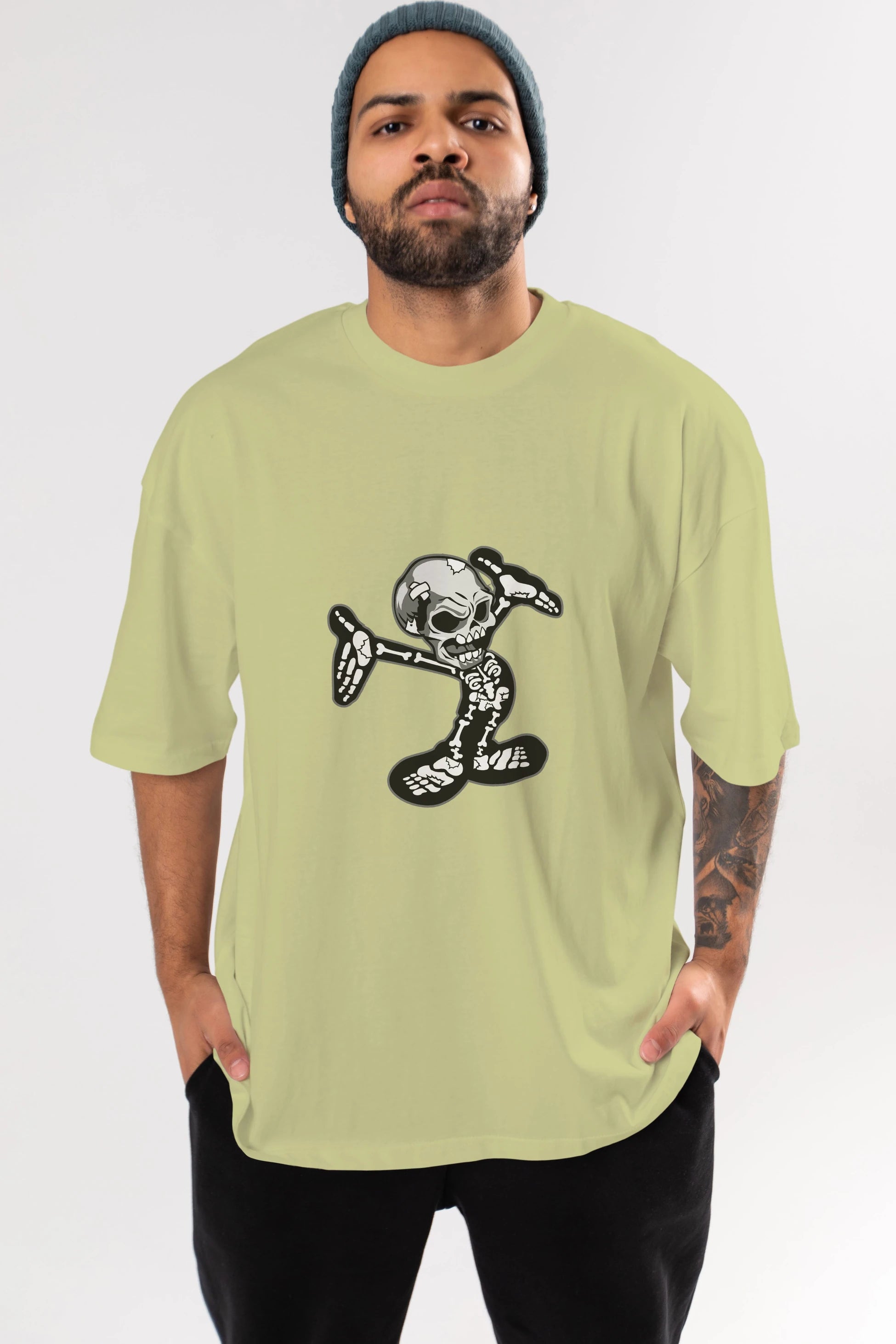 Skull Skeleton Ön Baskılı Oversize t-shirt Erkek Kadın Unisex %100 Pamuk tişort