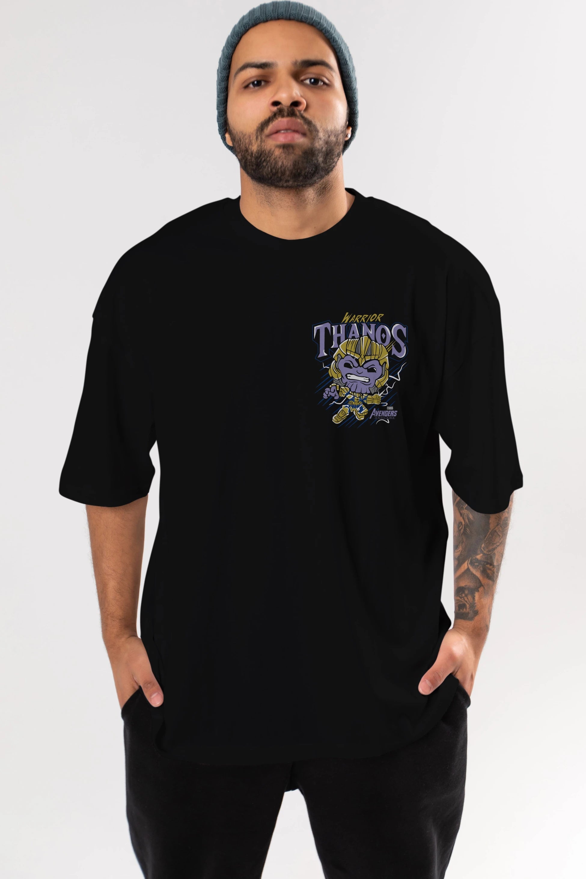 Thanos (2) Ön Sol Baskılı Oversize t-shirt Erkek Kadın Unisex %100 Pamuk Bisiklet Yaka tişort
