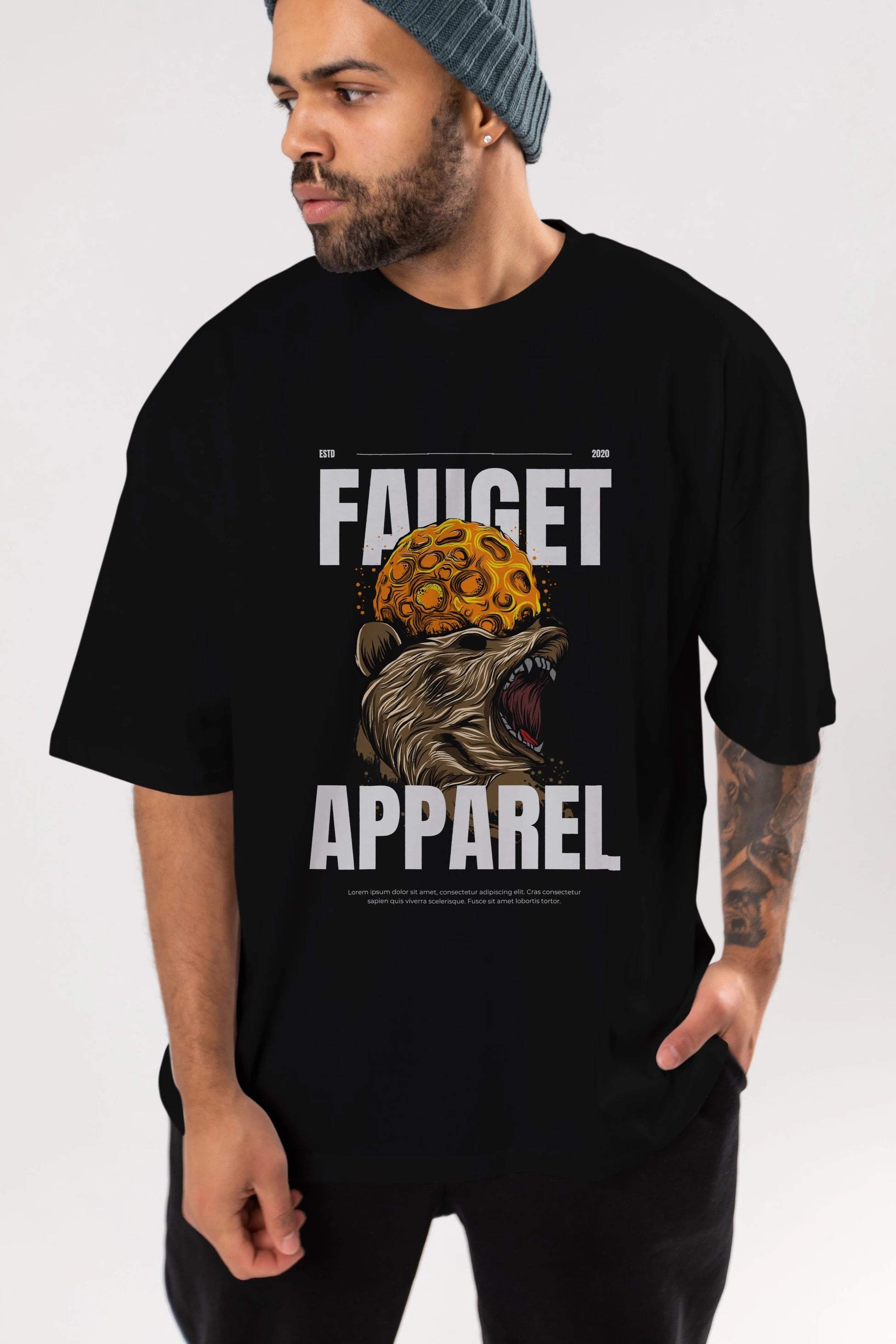 Bear Angry Fauget Apparel Ön Baskılı Oversize t-shirt Erkek Kadın Unisex