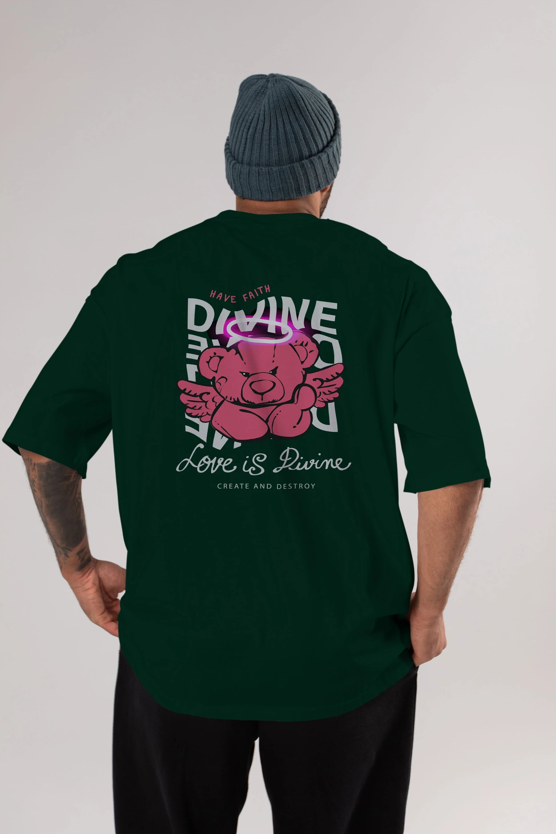 Love is Divine Bear Arka Baskılı Oversize t-shirt Erkek Kadın Unisex