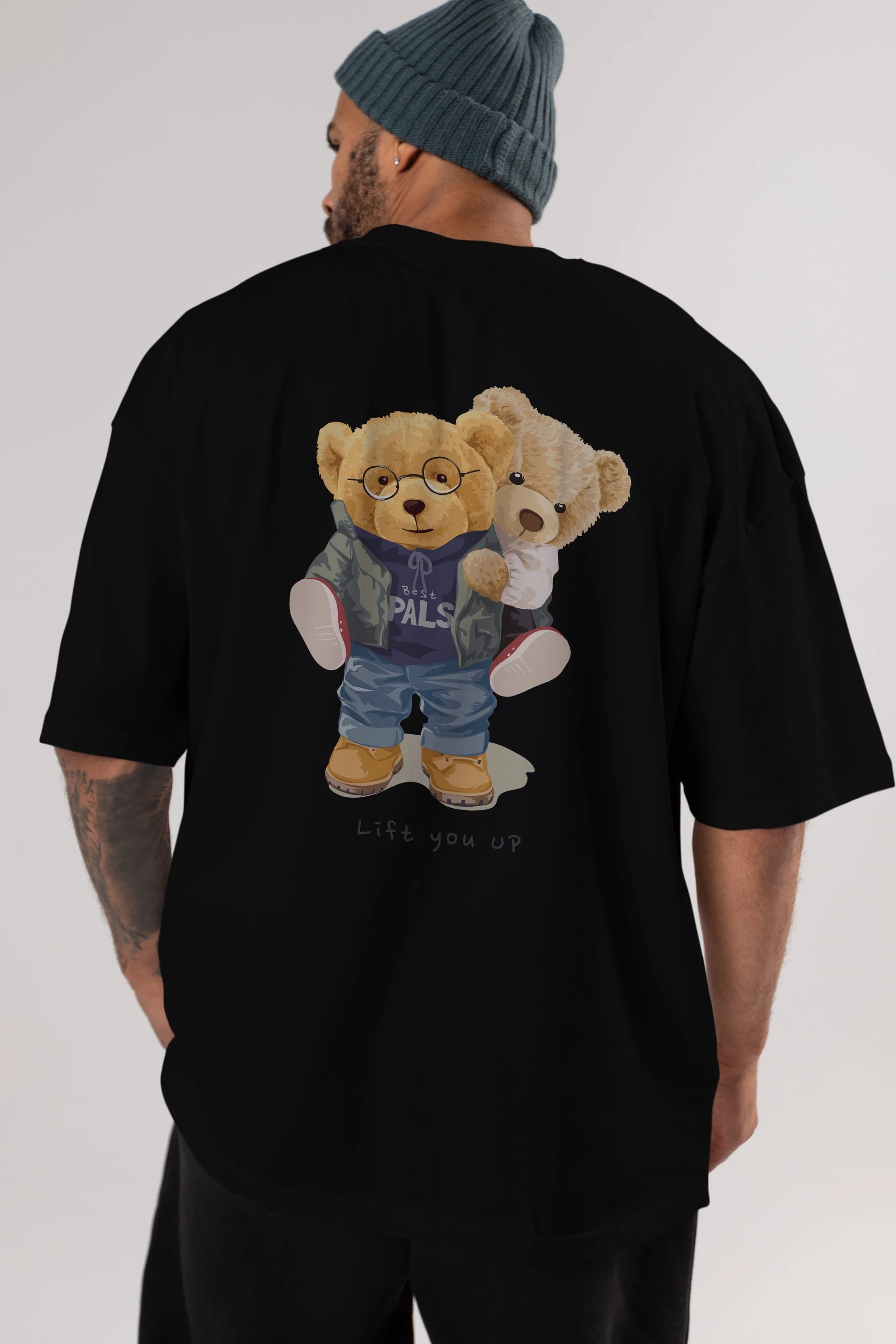 Teddy Bear Lift You Up Arka Baskılı Oversize t-shirt Erkek Kadın Unisex %100 Pamuk