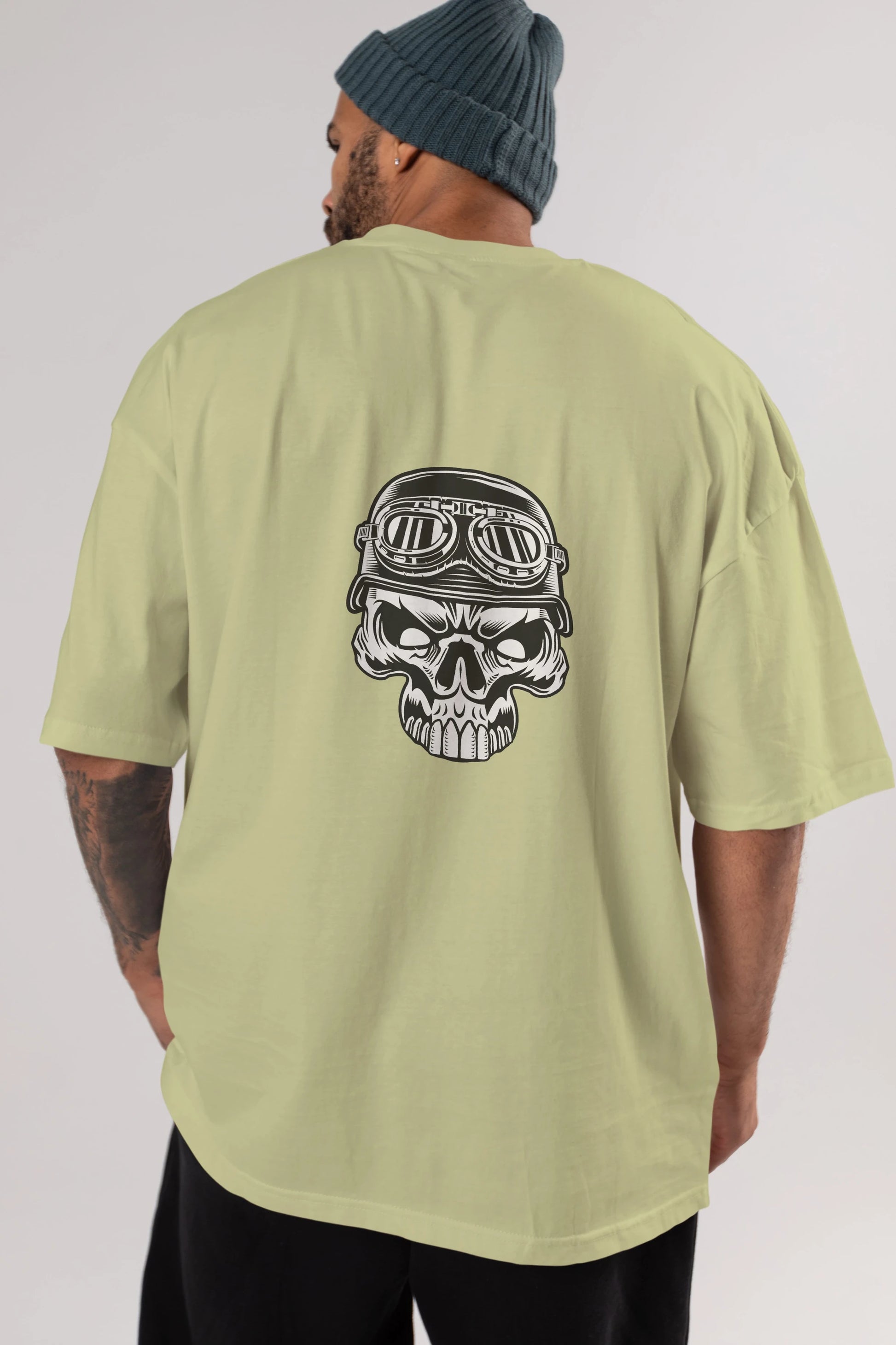 Biker Skull Helmet Arka Baskılı Oversize t-shirt Erkek Kadın Unisex %100 Pamuk tişort