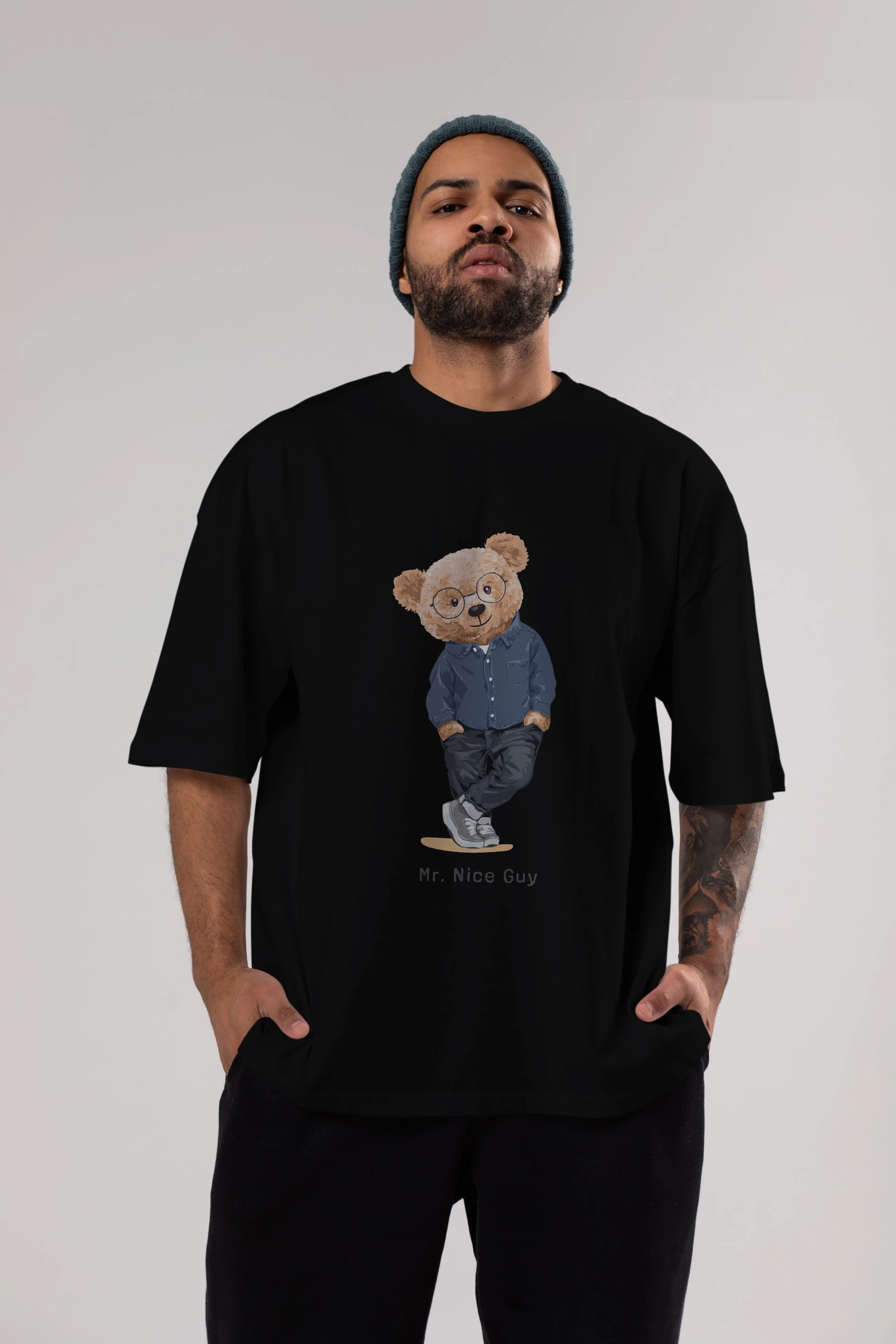 Teddy Bear Mr. Nice Guy Ön Baskılı Oversize t-shirt Erkek Kadın Unisex %100 Pamuk