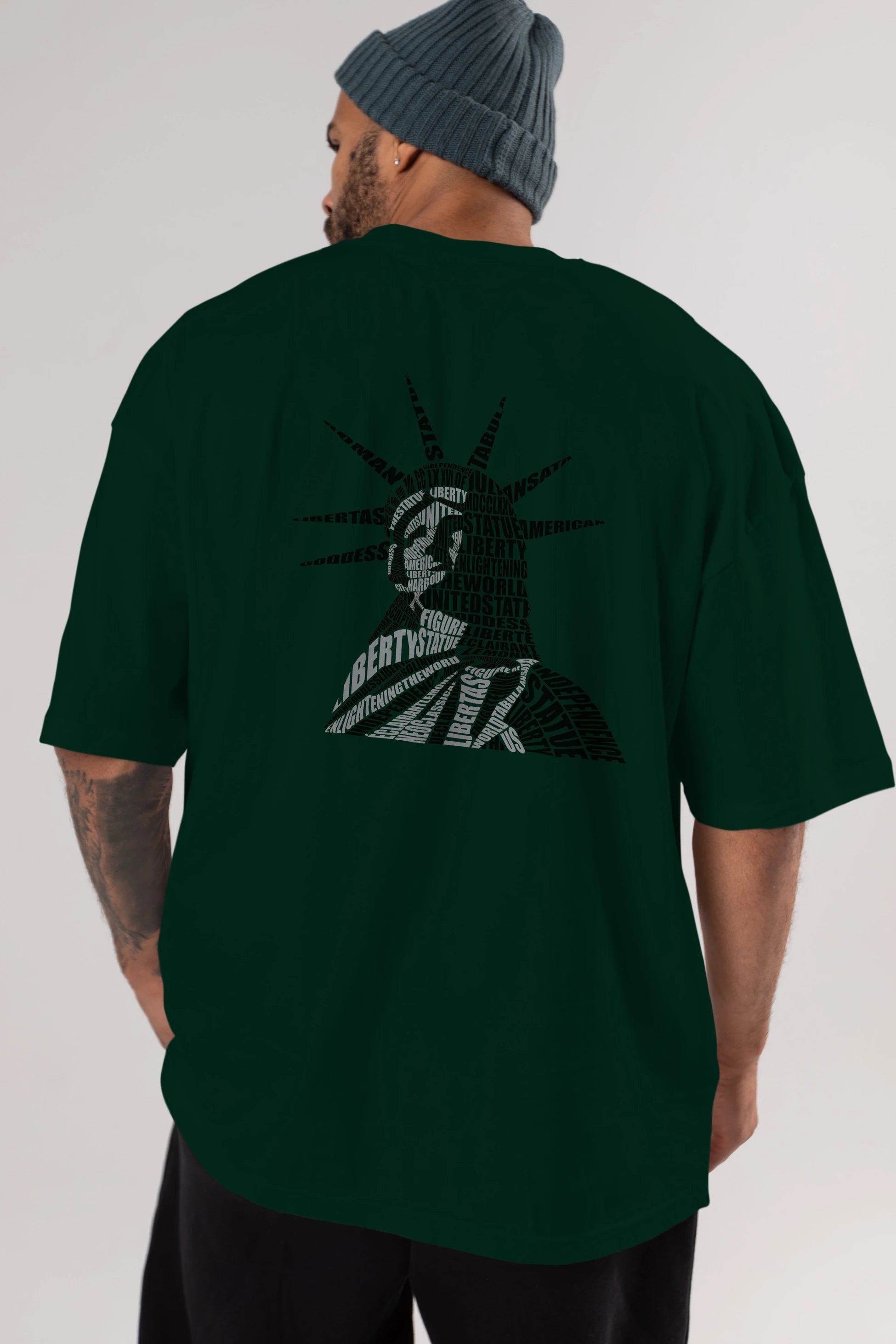 Liberty Statue Calligram Arka Baskılı Oversize t-shirt %100 pamuk Erkek Kadın Unisex