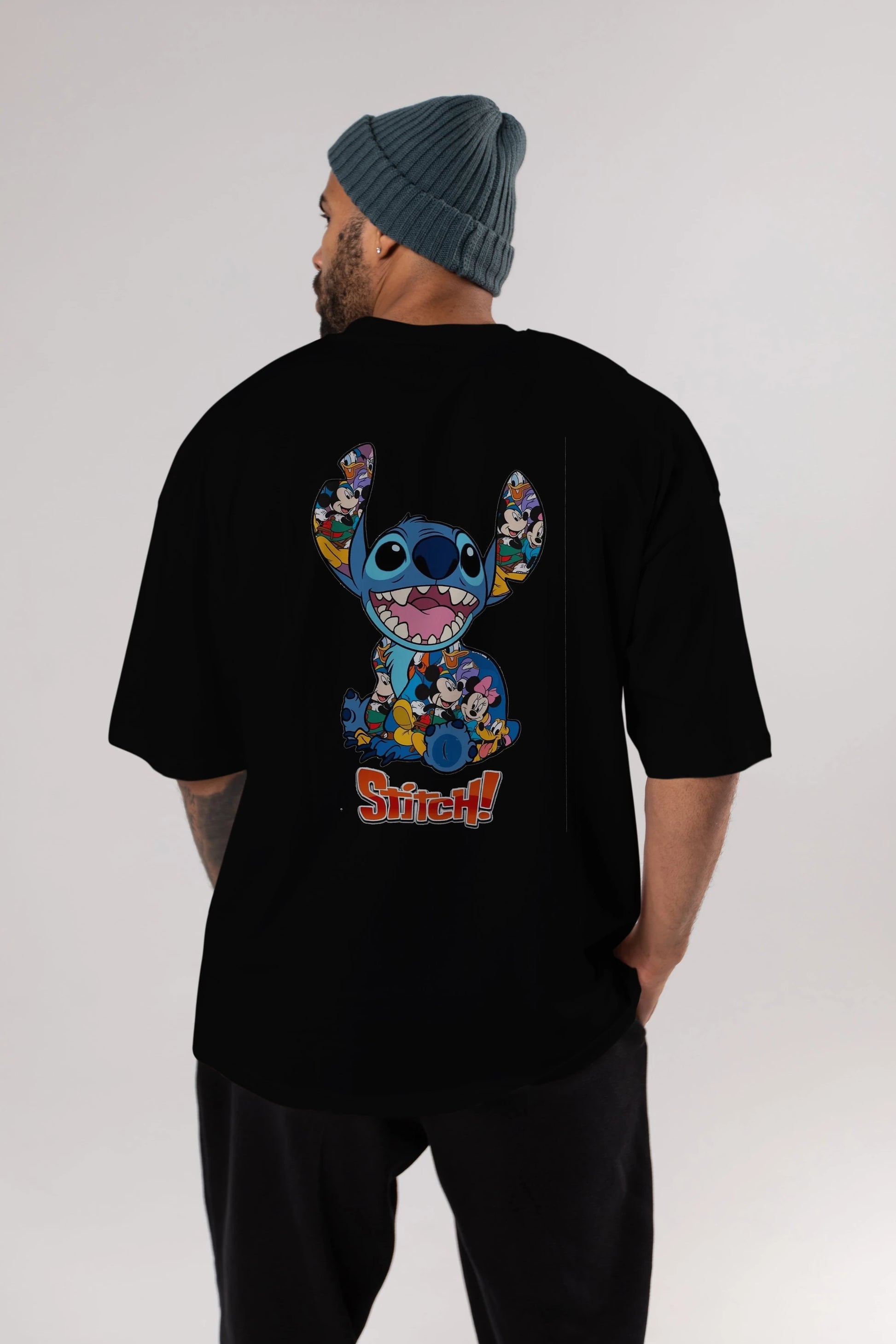 Stitch Arka Baskılı Oversize t-shirt Erkek Kadın Unisex %100 Pamuk Bisiklet Yaka tişort