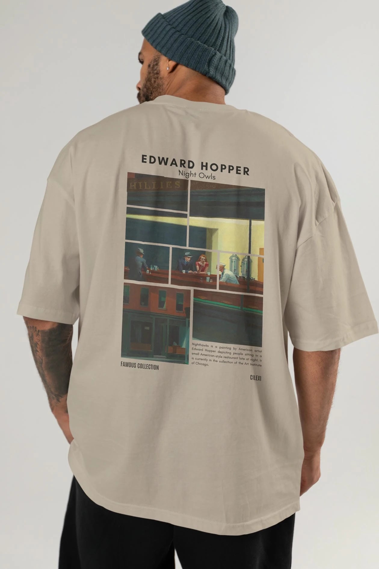 Edward Hopper Night Owls Arka Baskılı Oversize t-shirt Erkek Kadın Bisiklet Yaka Pamuk tişort