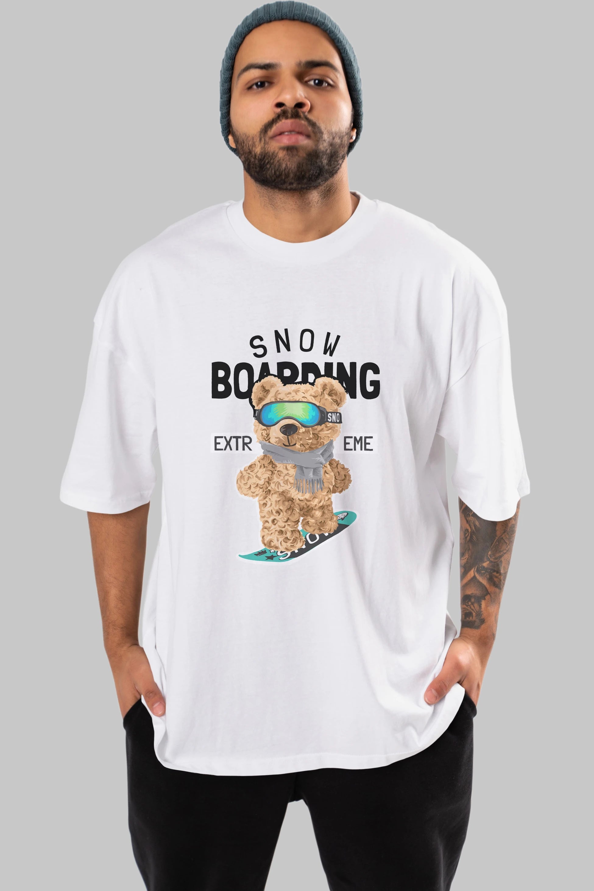 Teddy Bear Snow Boarding Ön Baskılı Oversize t-shirt Erkek Kadın Unisex %100 Pamuk