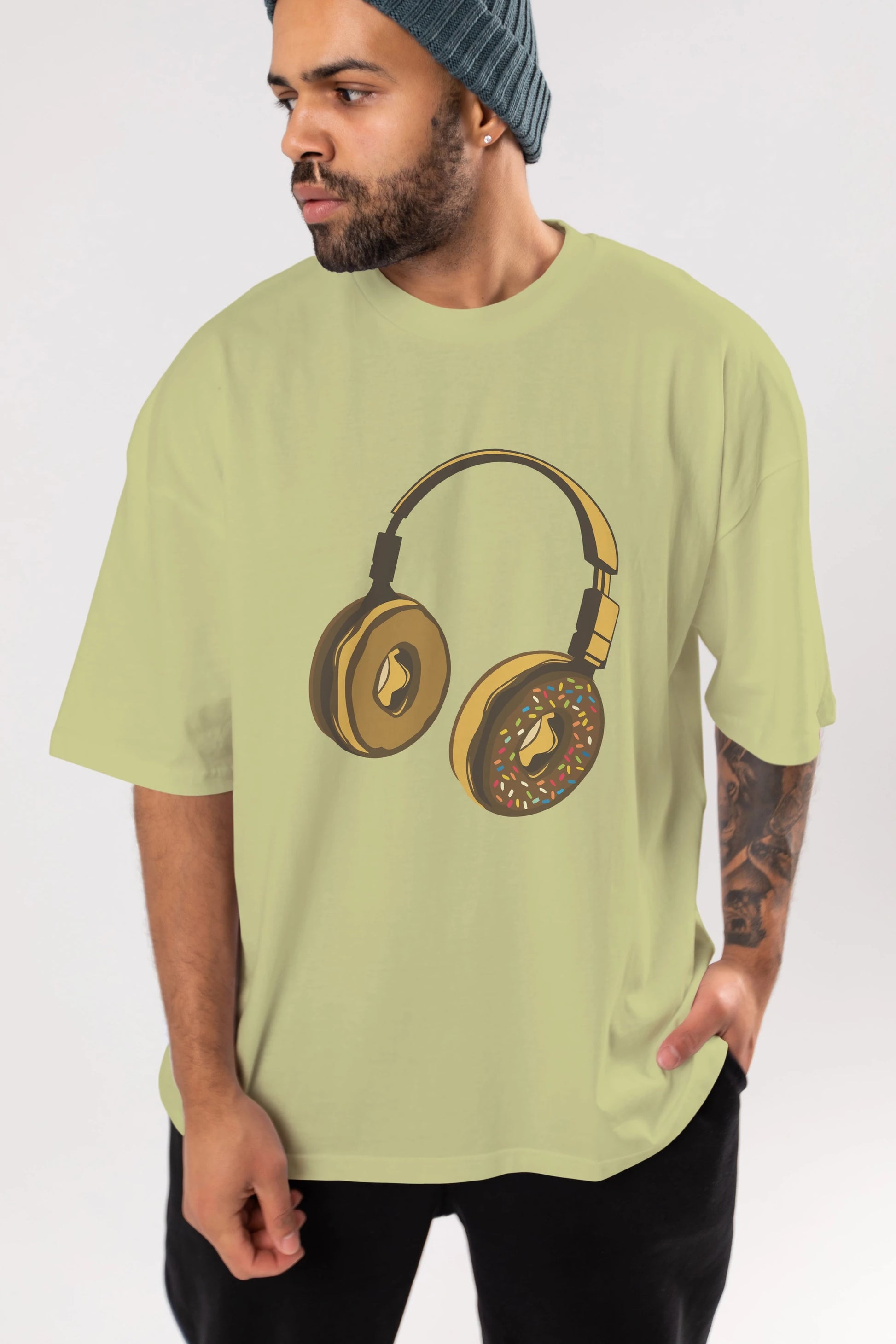 Headphone Donut Ön Baskılı Oversize t-shirt %100 pamuk Erkek Kadın Unisex